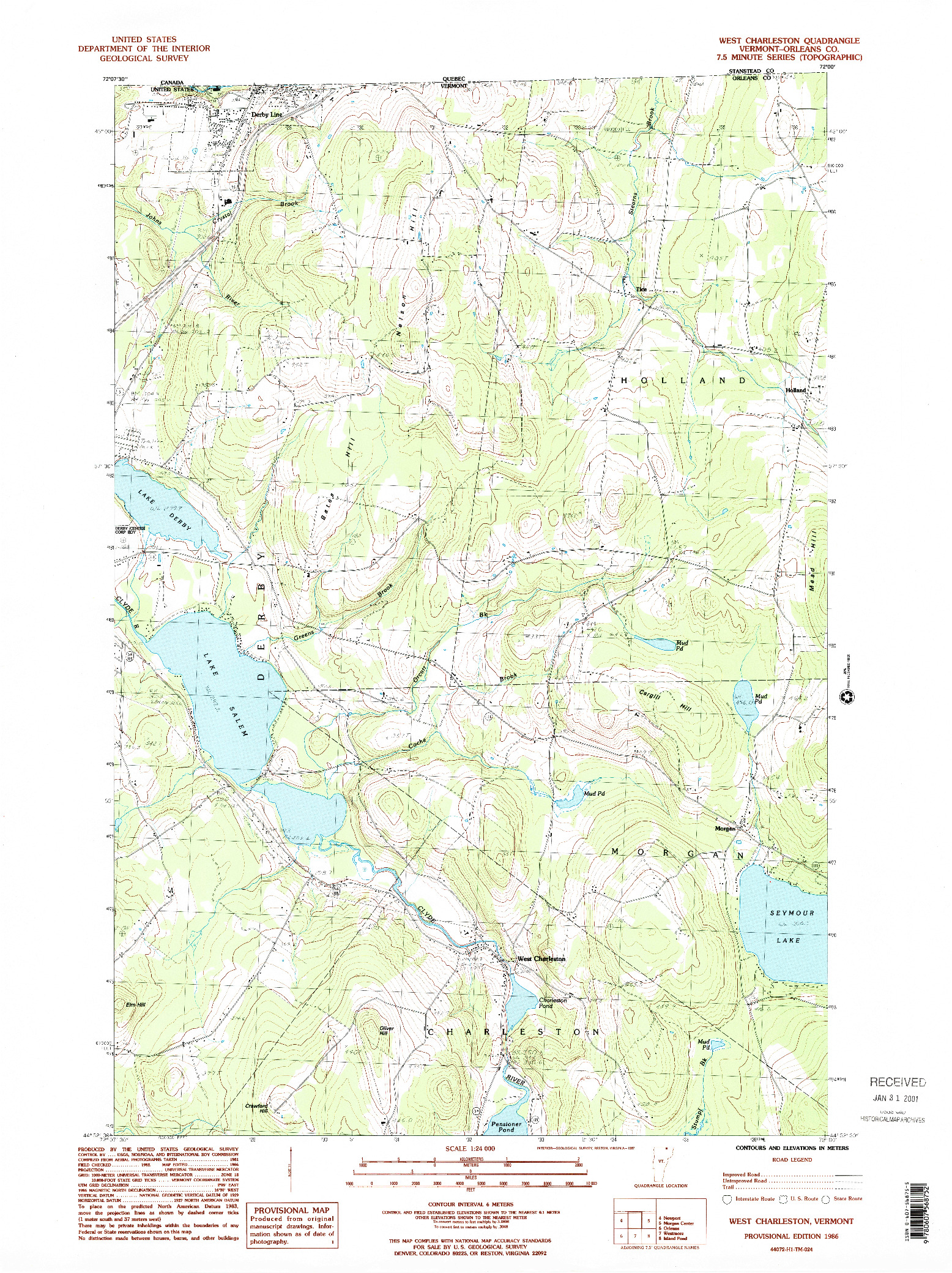 USGS 1:24000-SCALE QUADRANGLE FOR WEST CHARLESTON, VT 1986