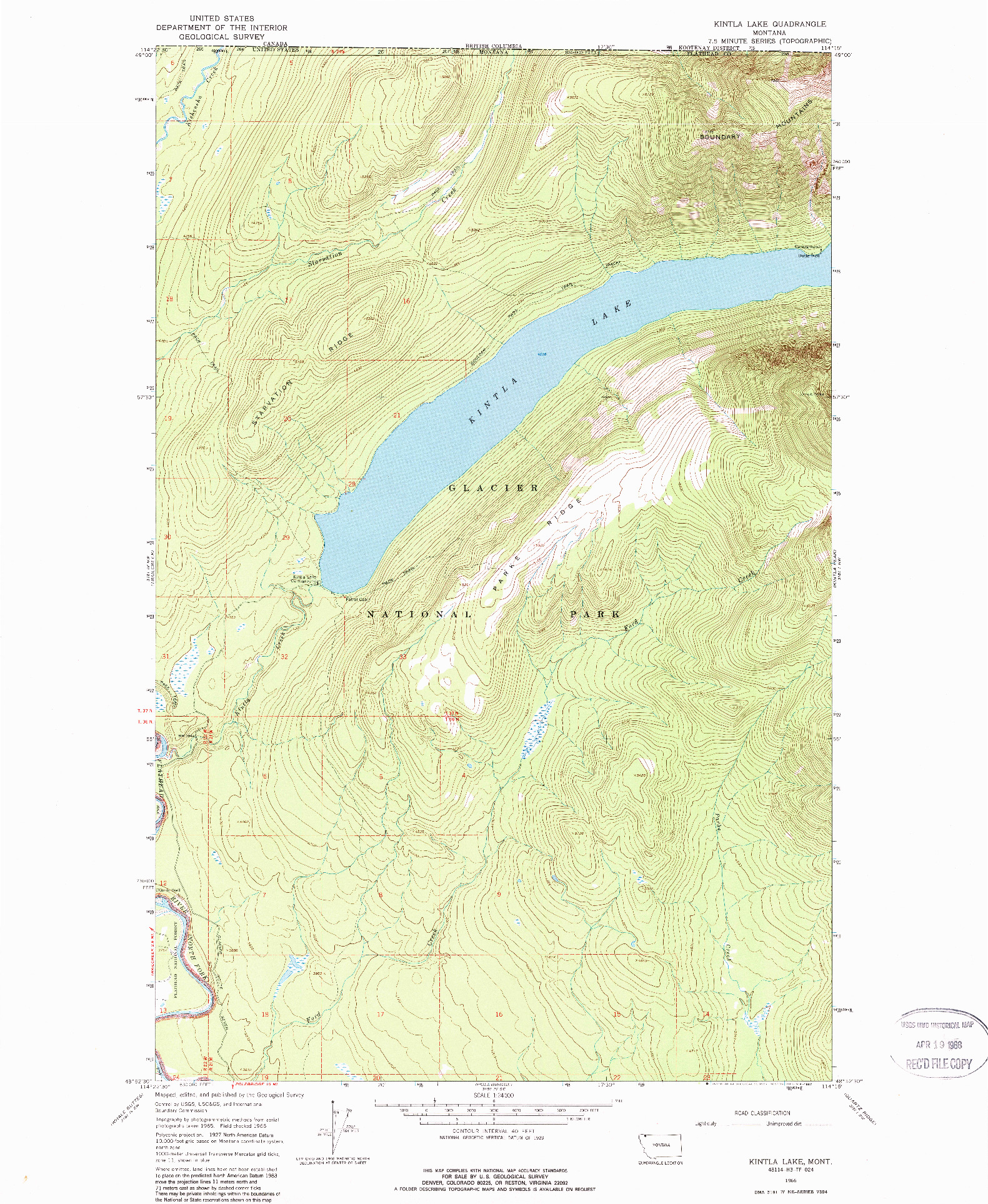 USGS 1:24000-SCALE QUADRANGLE FOR KINTLA LAKE, MT 1966