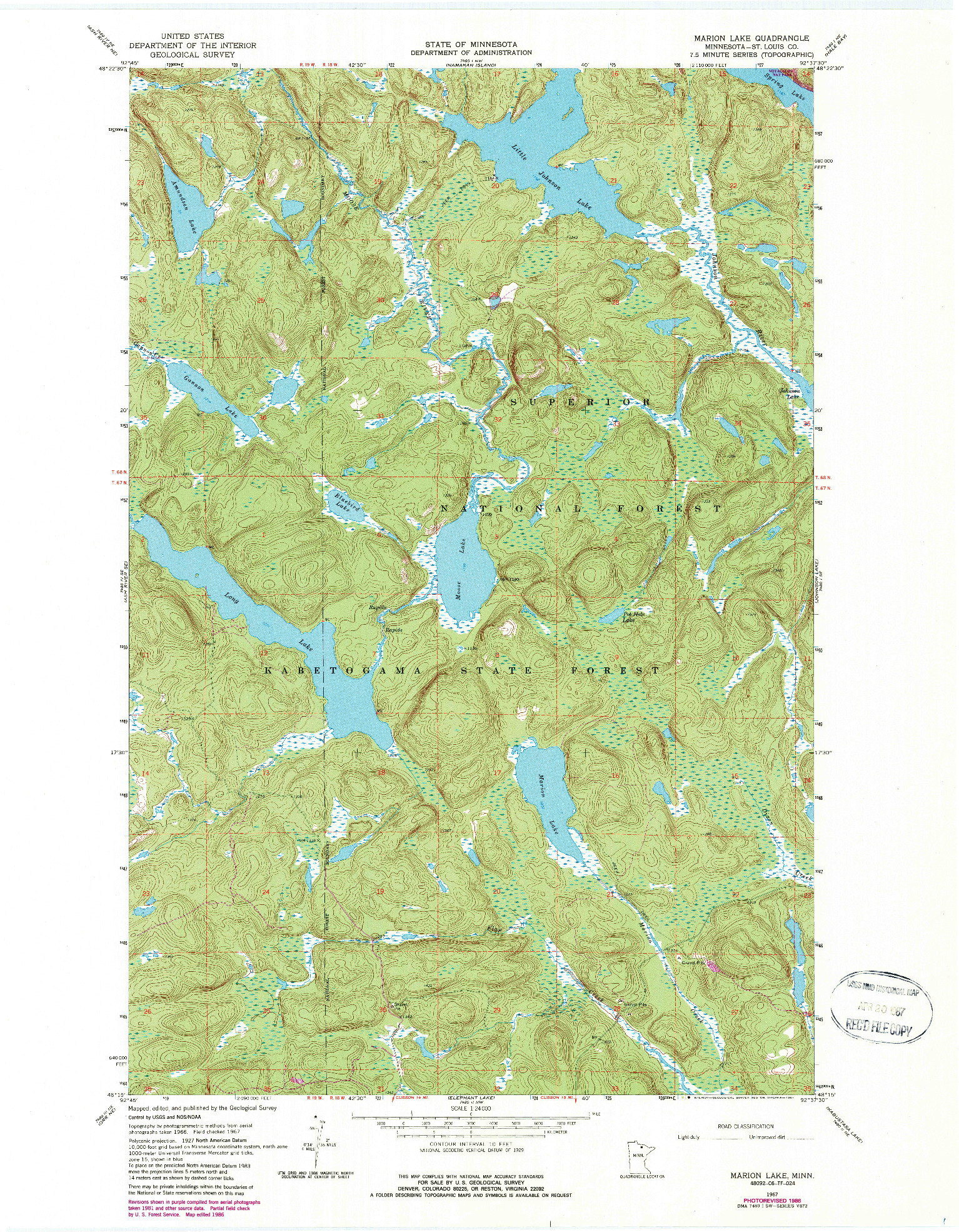 USGS 1:24000-SCALE QUADRANGLE FOR MARION LAKE, MN 1967