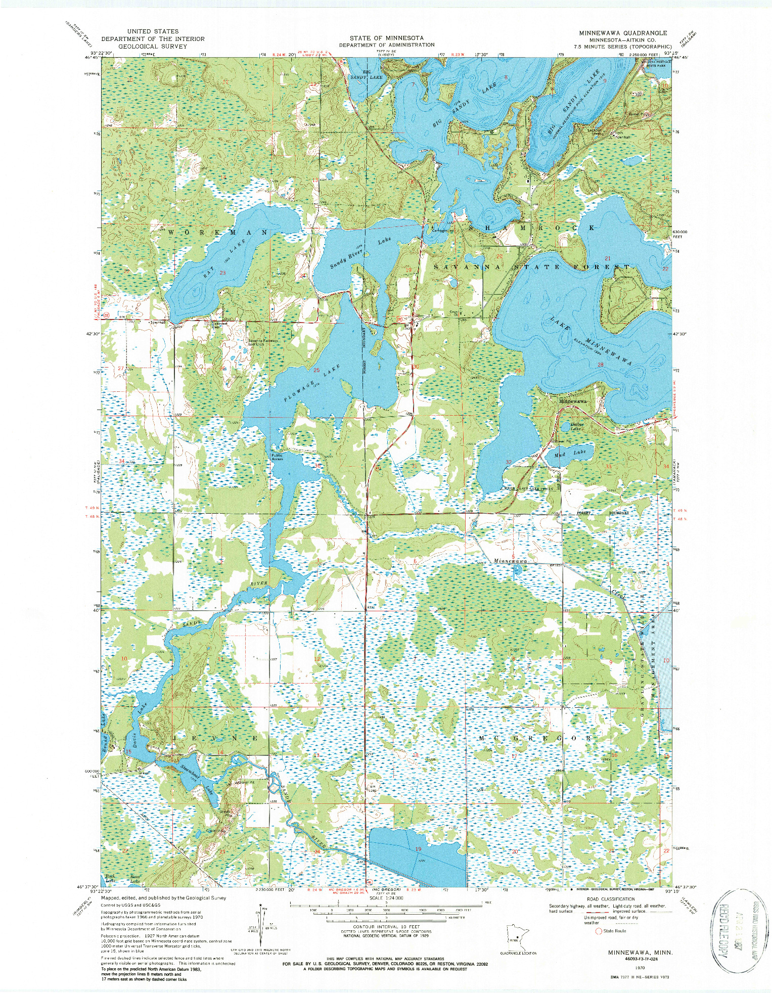 USGS 1:24000-SCALE QUADRANGLE FOR MINNEWAWA, MN 1970