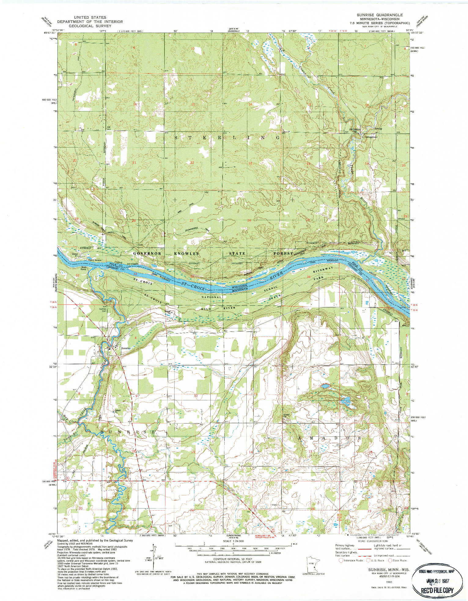 USGS 1:24000-SCALE QUADRANGLE FOR SUNRISE, MN 1983