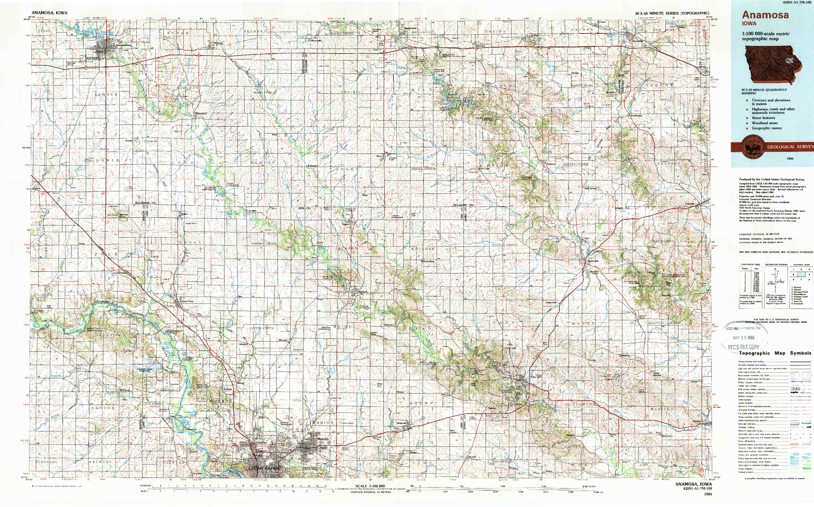USGS 1:100000-SCALE QUADRANGLE FOR ANAMOSA, IA 1984