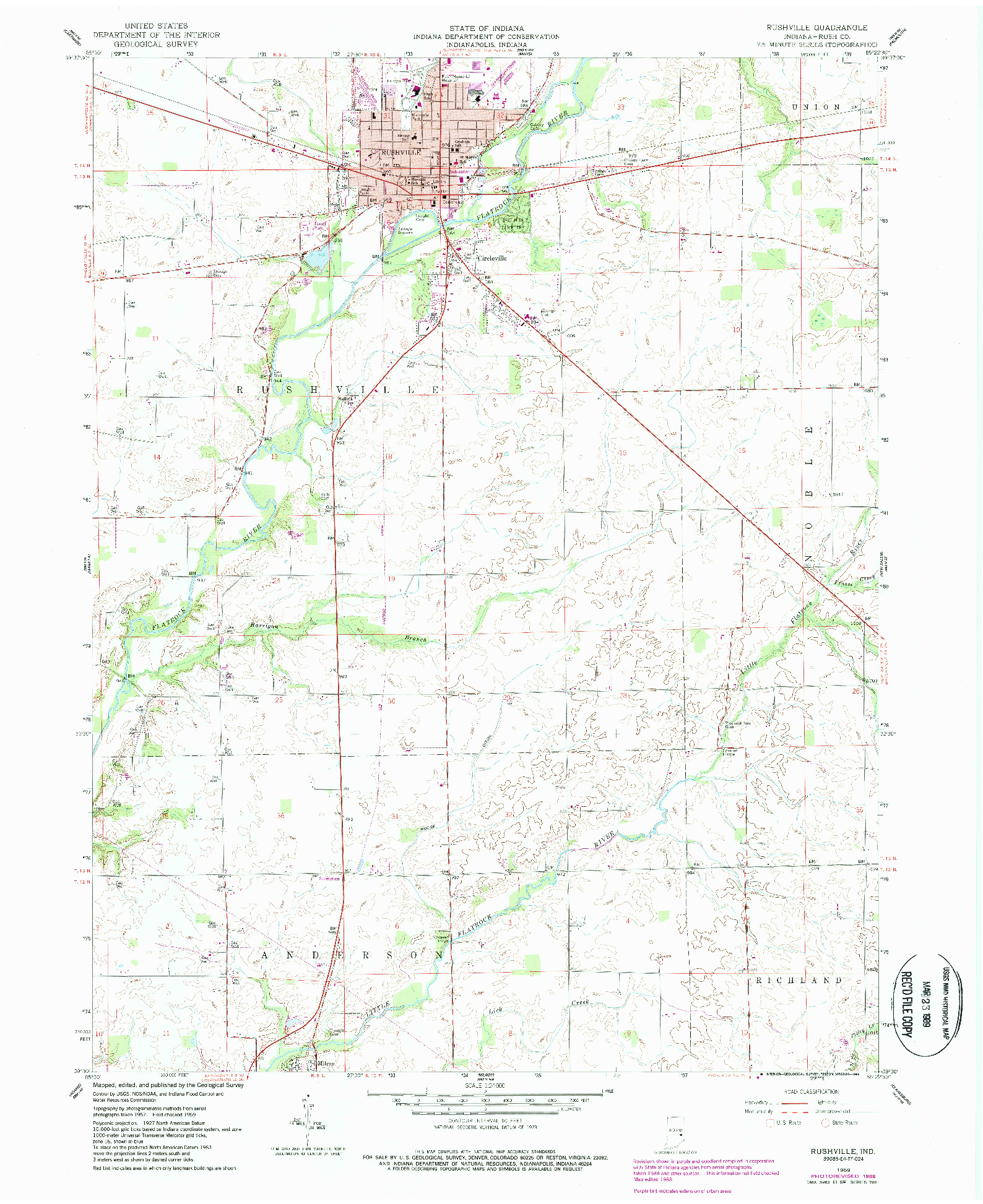 USGS 1:24000-SCALE QUADRANGLE FOR RUSHVILLE, IN 1959