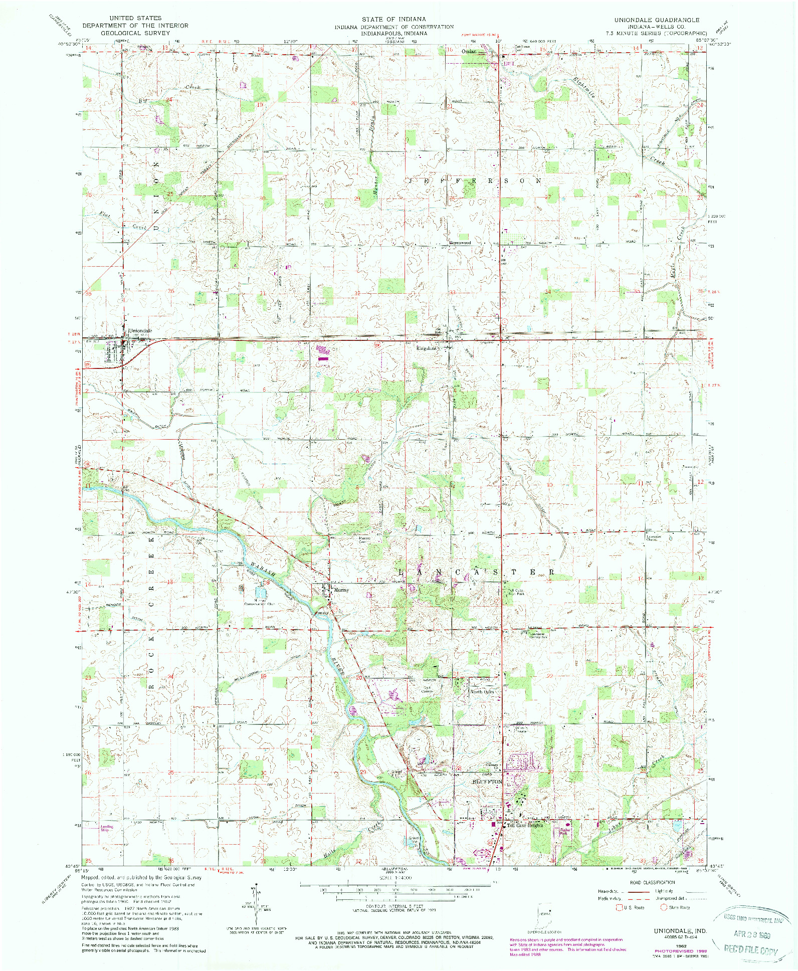 USGS 1:24000-SCALE QUADRANGLE FOR UNIONDALE, IN 1962