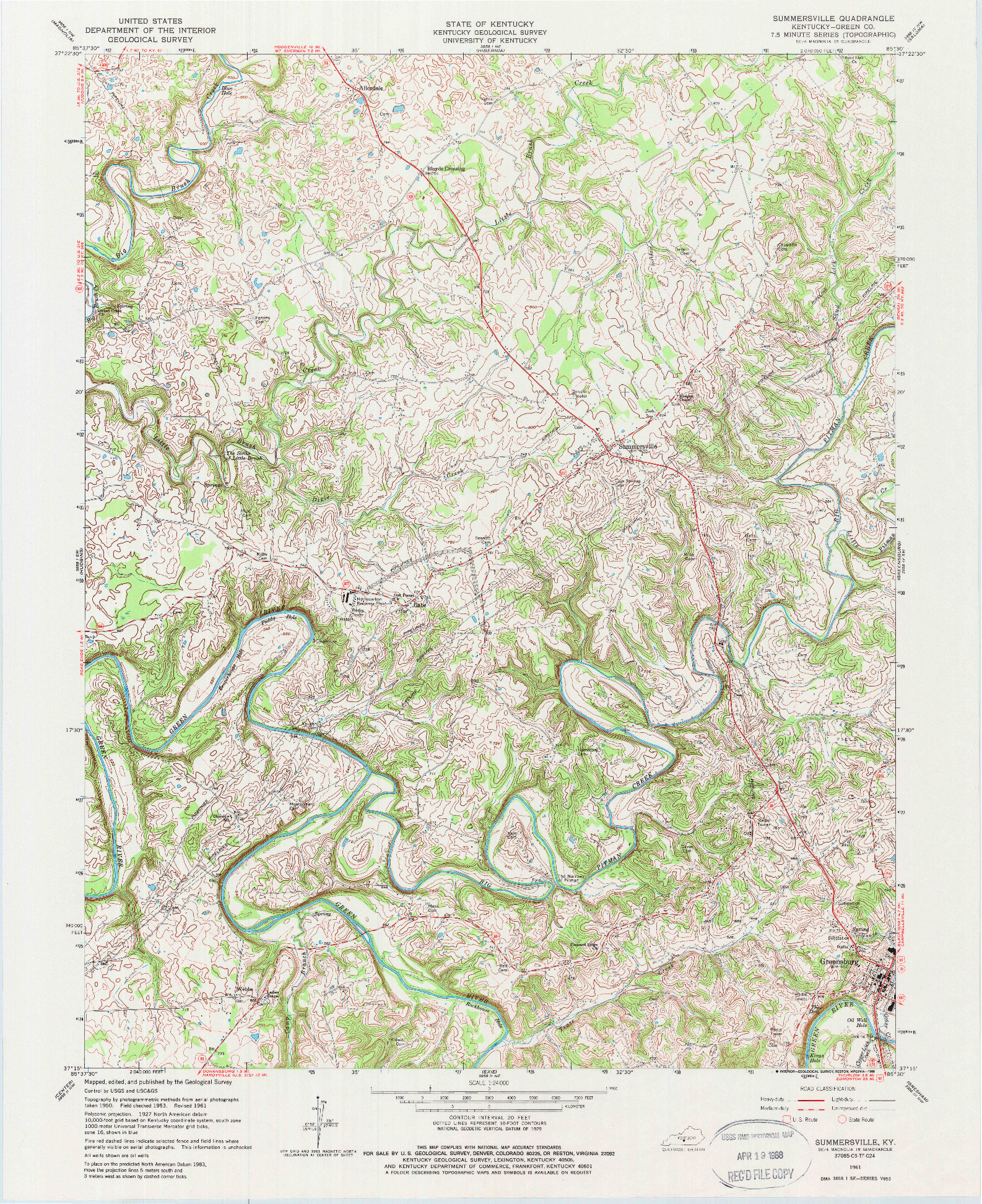 USGS 1:24000-SCALE QUADRANGLE FOR SUMMERSVILLE, KY 1961