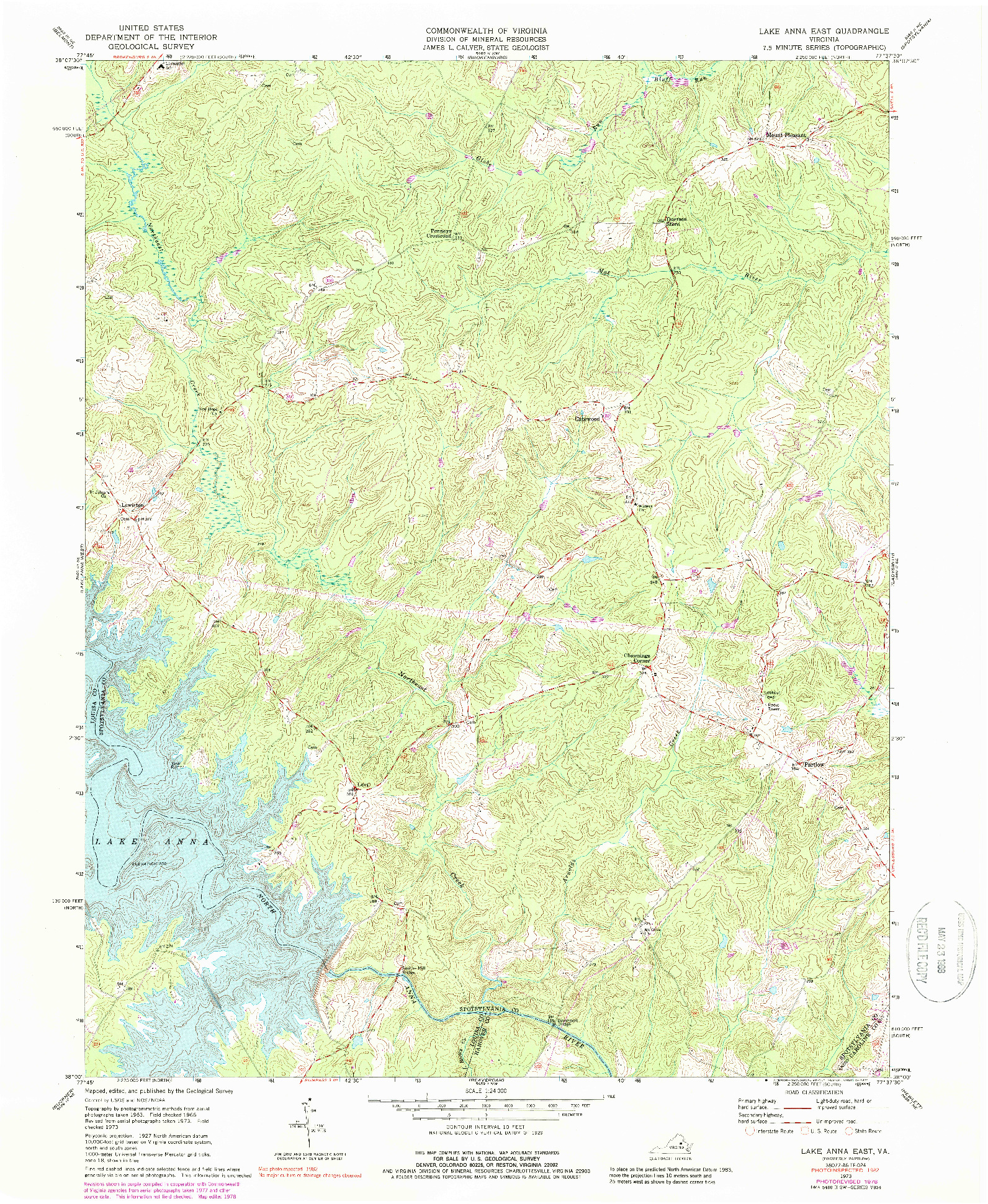 USGS 1:24000-SCALE QUADRANGLE FOR LAKE ANNA EAST, VA 1973