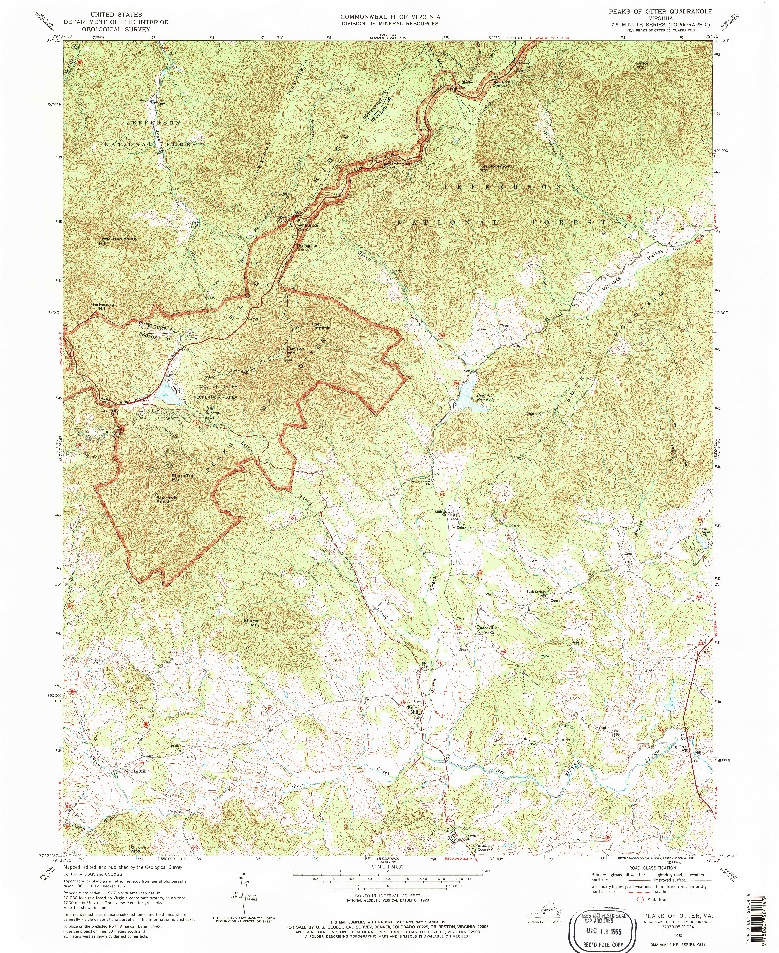 USGS 1:24000-SCALE QUADRANGLE FOR PEAKS OF OTTER, VA 1967