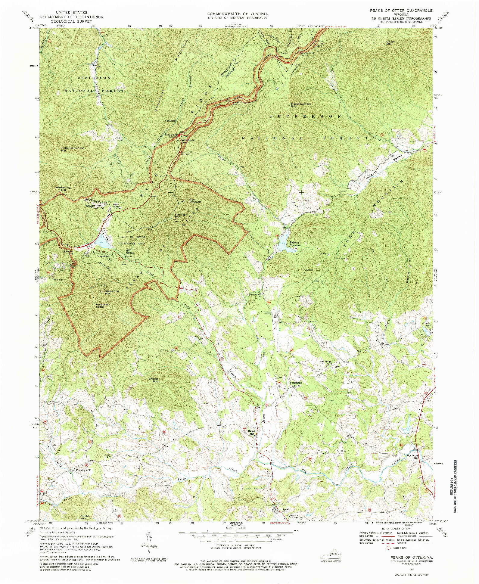 USGS 1:24000-SCALE QUADRANGLE FOR PEAKS OF OTTER, VA 1967