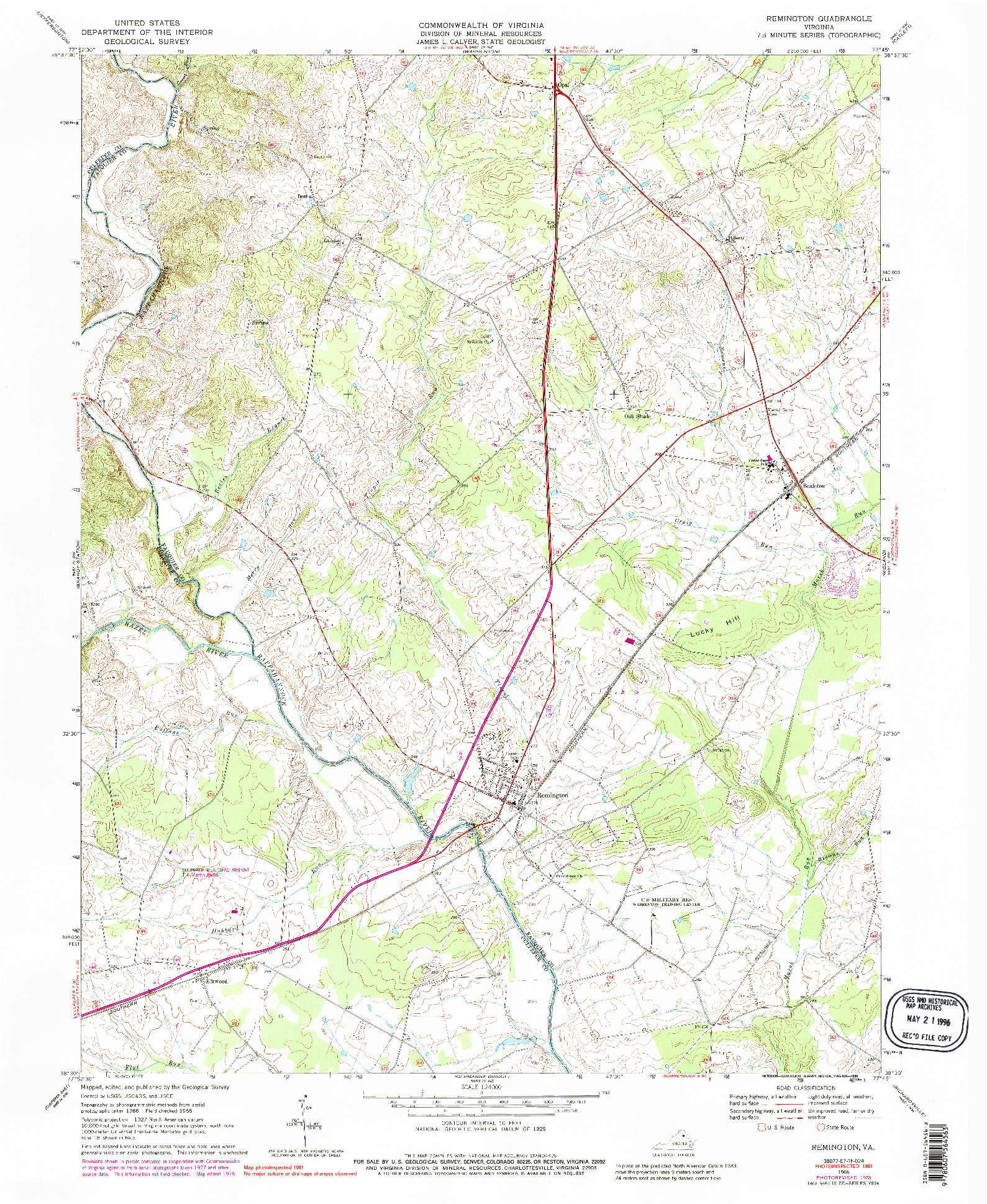 USGS 1:24000-SCALE QUADRANGLE FOR REMINGTON, VA 1966