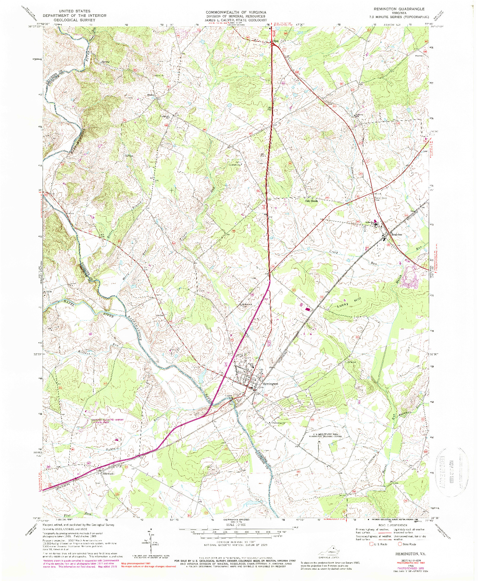 USGS 1:24000-SCALE QUADRANGLE FOR REMINGTON, VA 1966