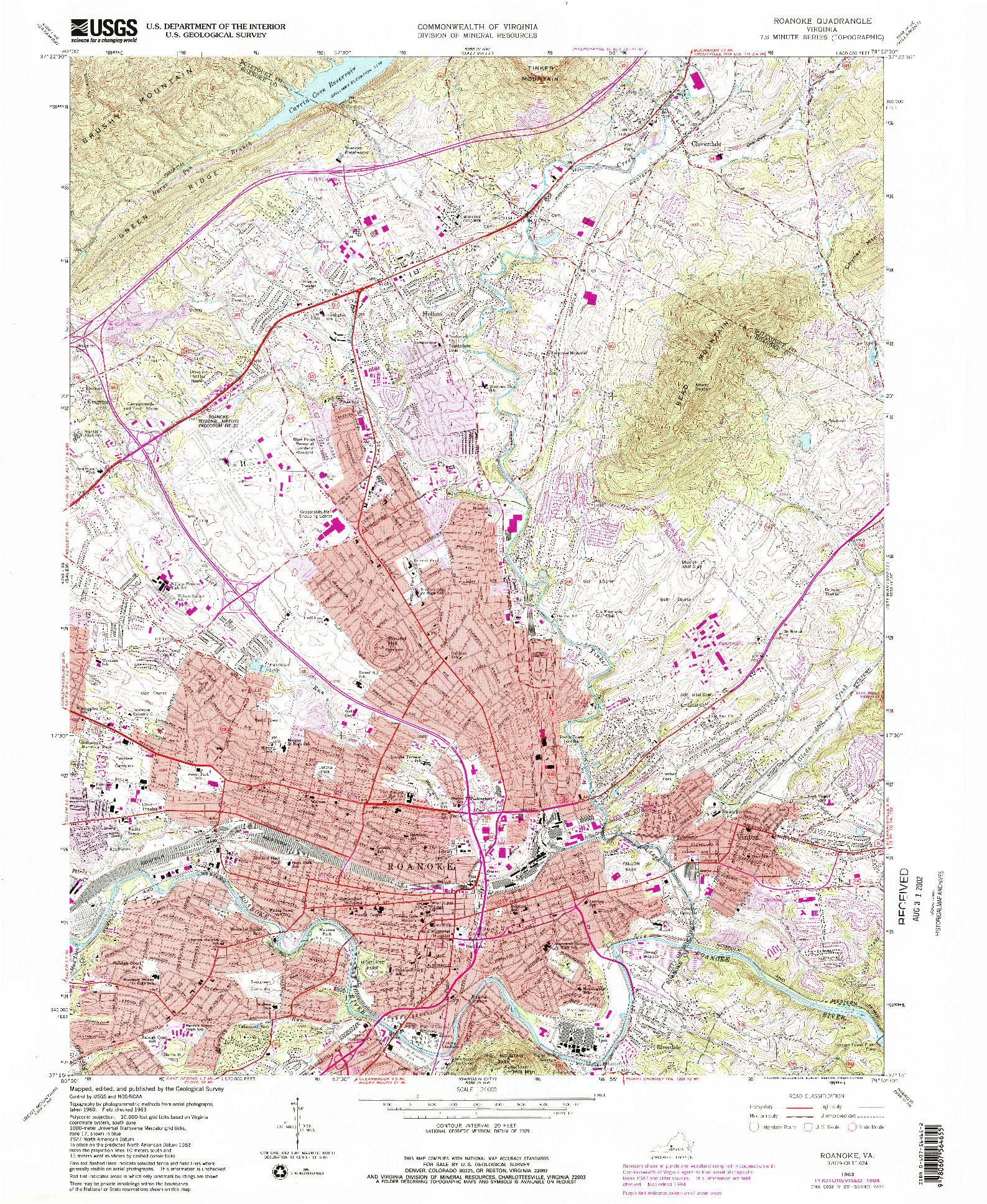 USGS 1:24000-SCALE QUADRANGLE FOR ROANOKE, VA 1963