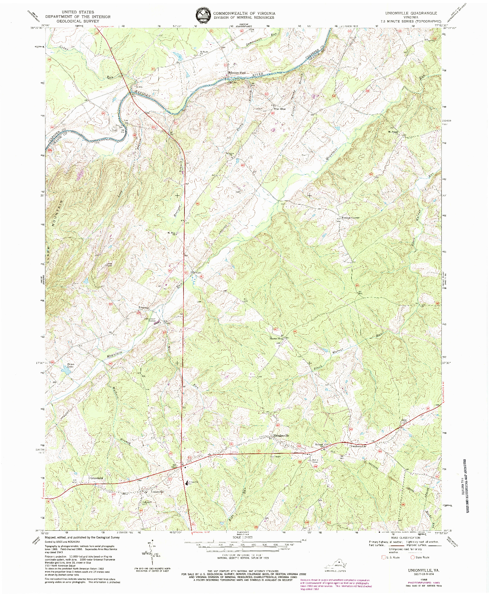 USGS 1:24000-SCALE QUADRANGLE FOR UNIONVILLE, VA 1968