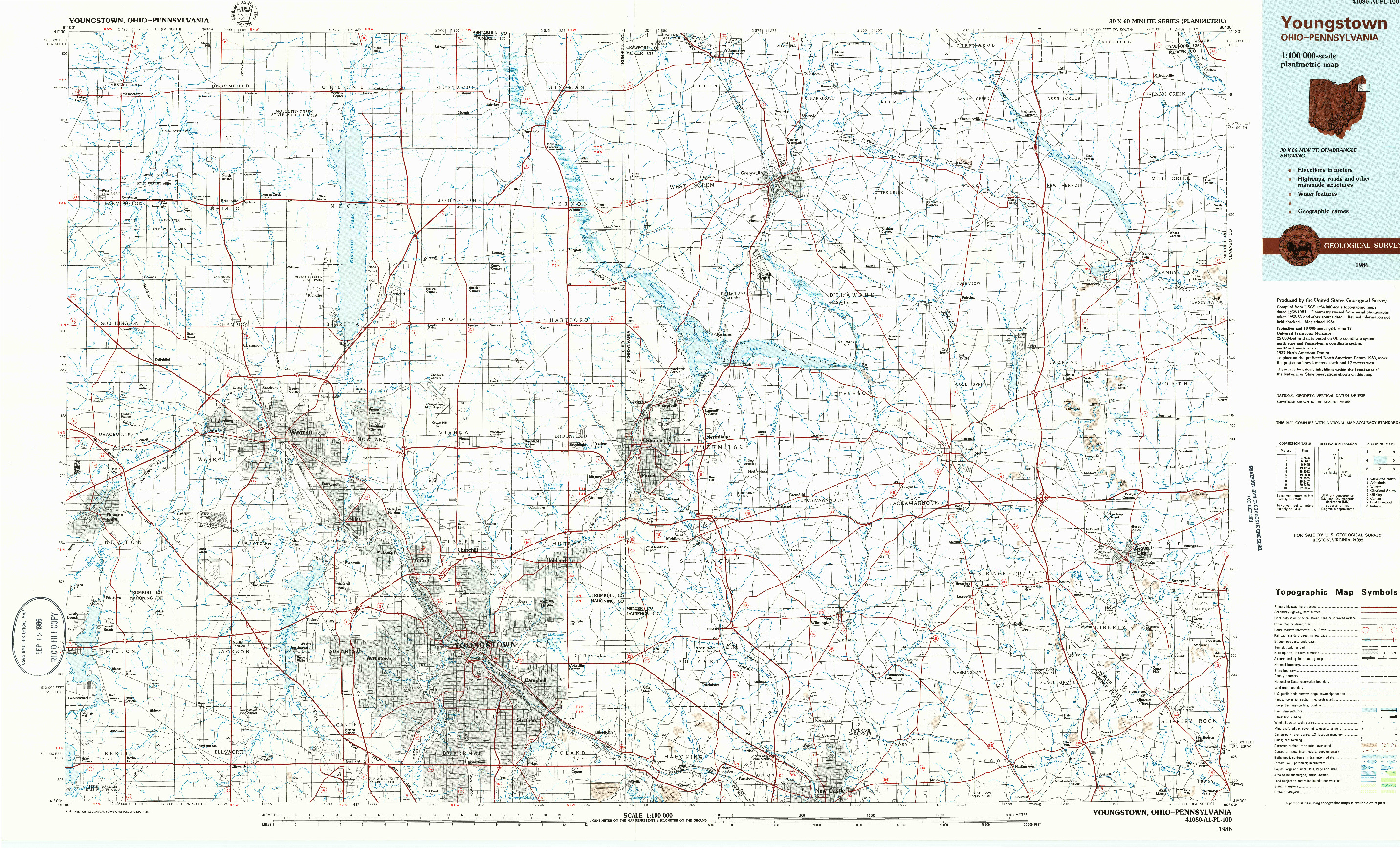 USGS 1:100000-SCALE QUADRANGLE FOR YOUNGSTOWN, OH 1986