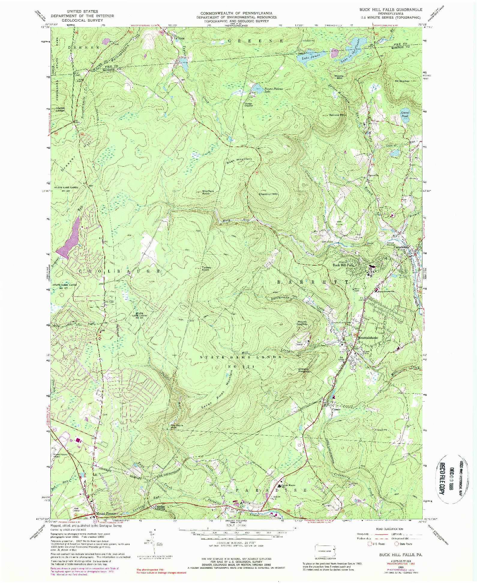 USGS 1:24000-SCALE QUADRANGLE FOR BUCK HILL FALLS, PA 1966