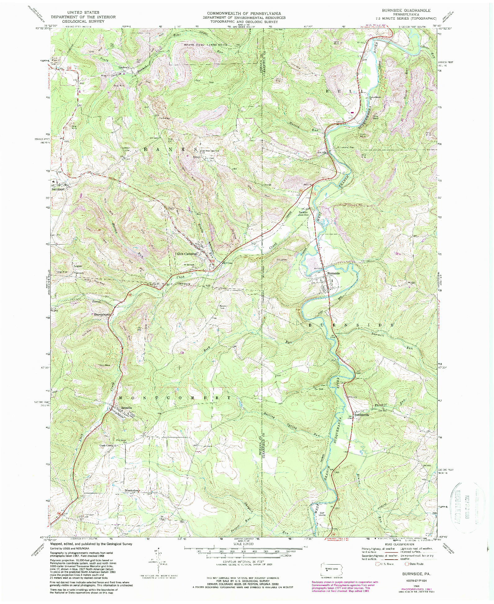 USGS 1:24000-SCALE QUADRANGLE FOR BURNSIDE, PA 1968