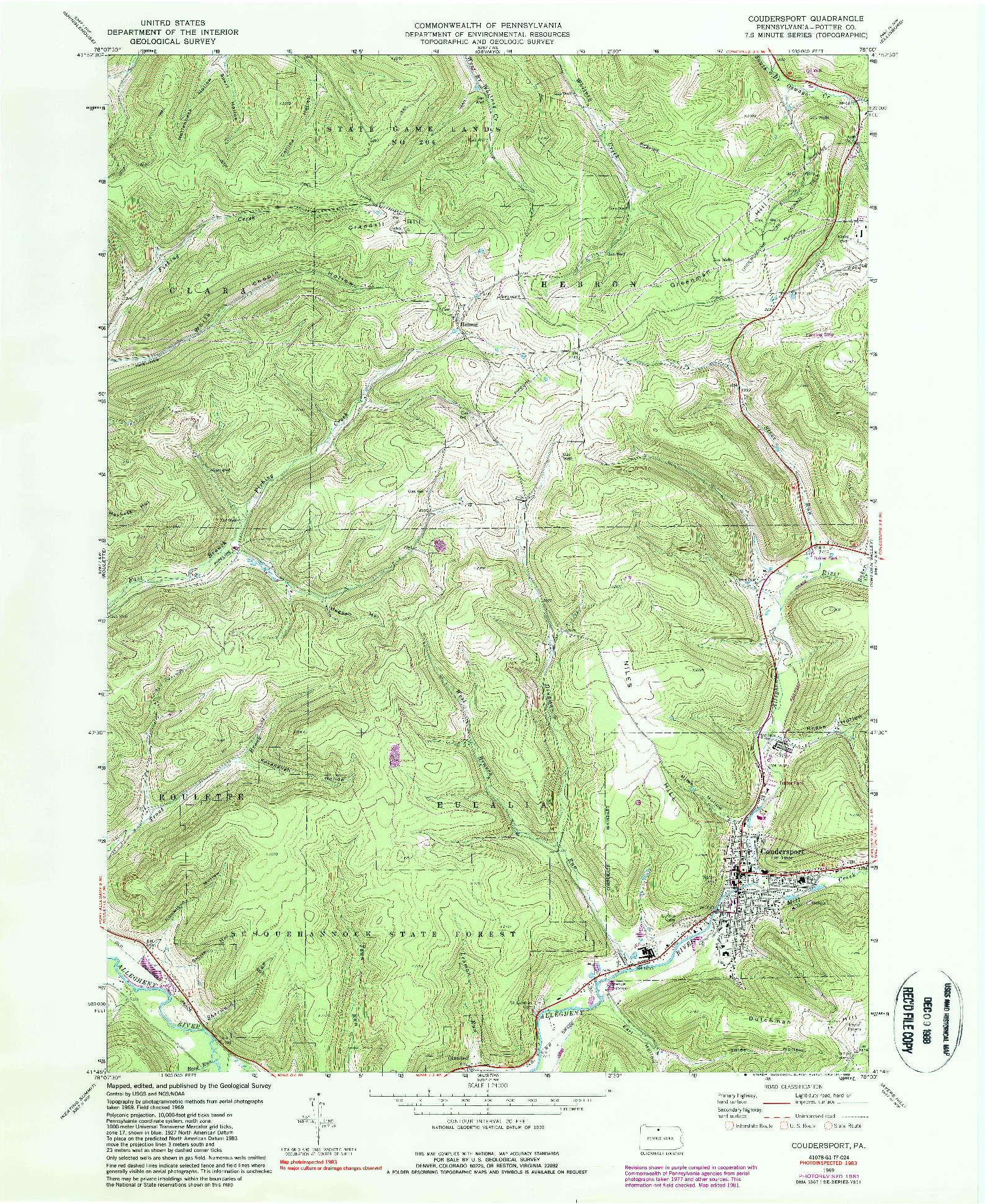 USGS 1:24000-SCALE QUADRANGLE FOR COUDERSPORT, PA 1969