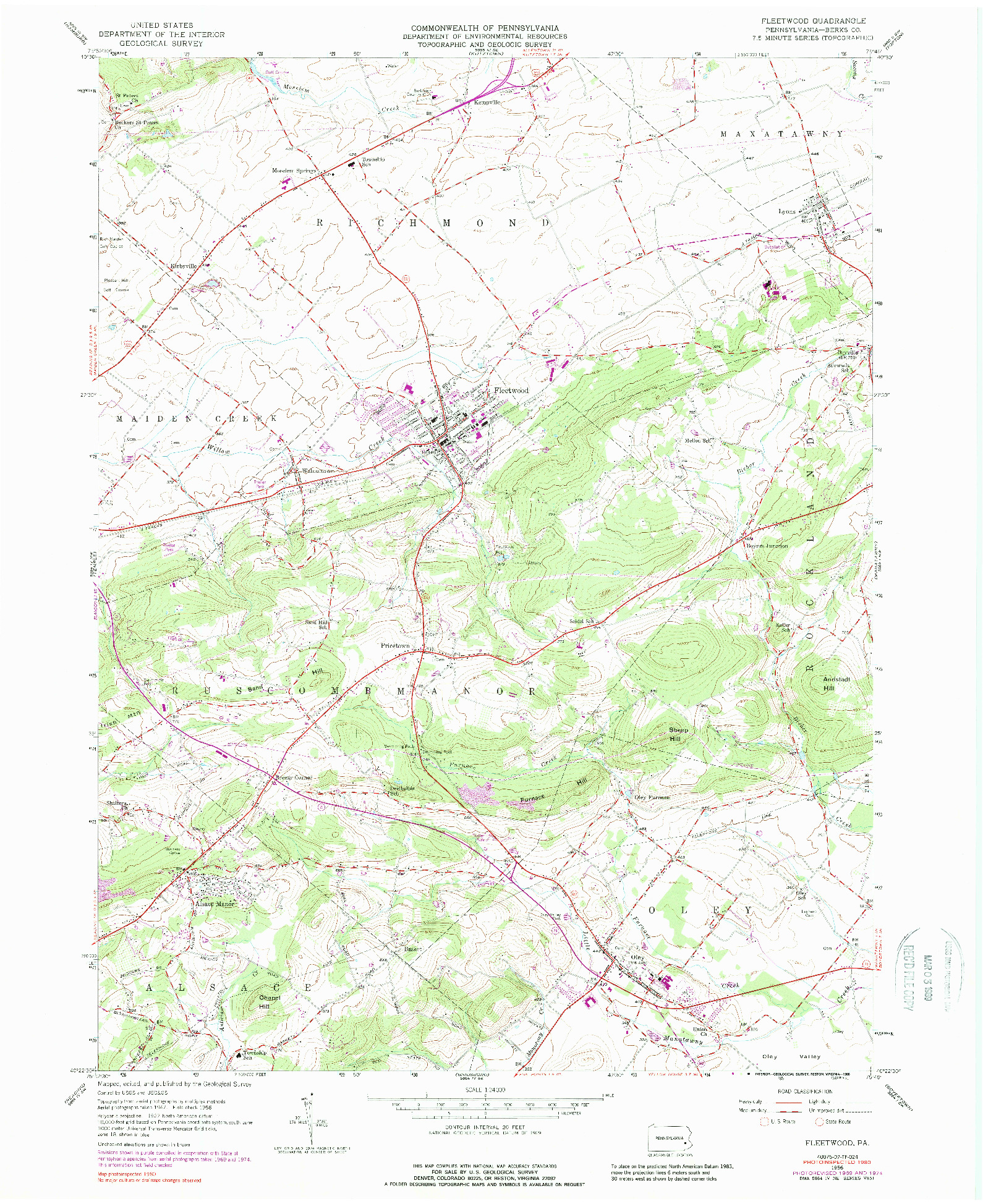 USGS 1:24000-SCALE QUADRANGLE FOR FLEETWOOD, PA 1956