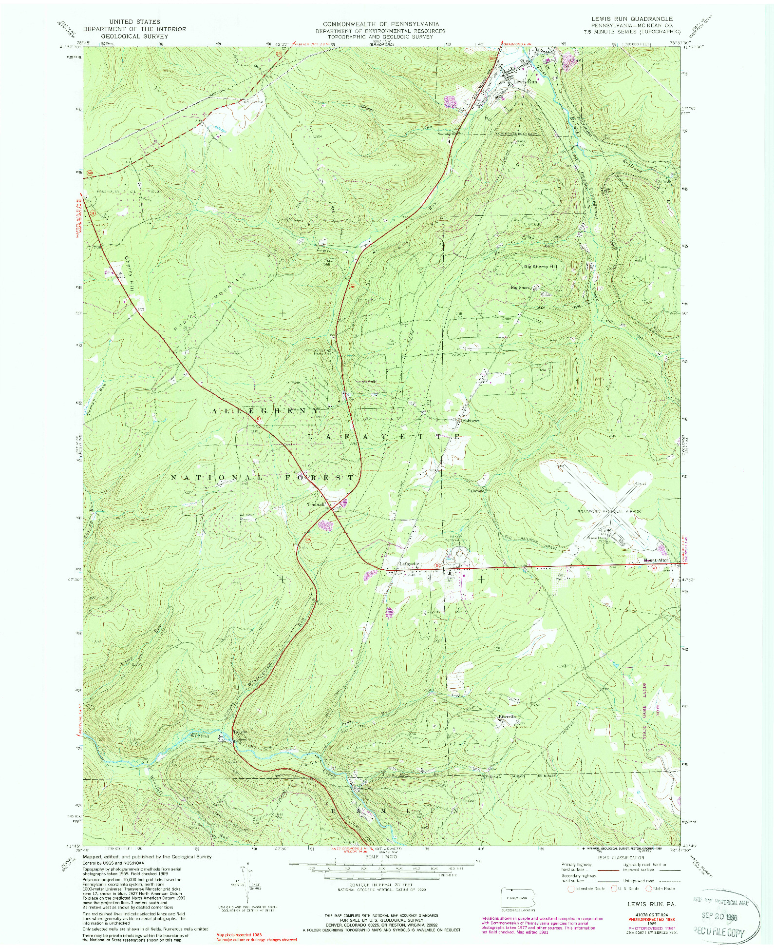 USGS 1:24000-SCALE QUADRANGLE FOR LEWIS RUN, PA 1969