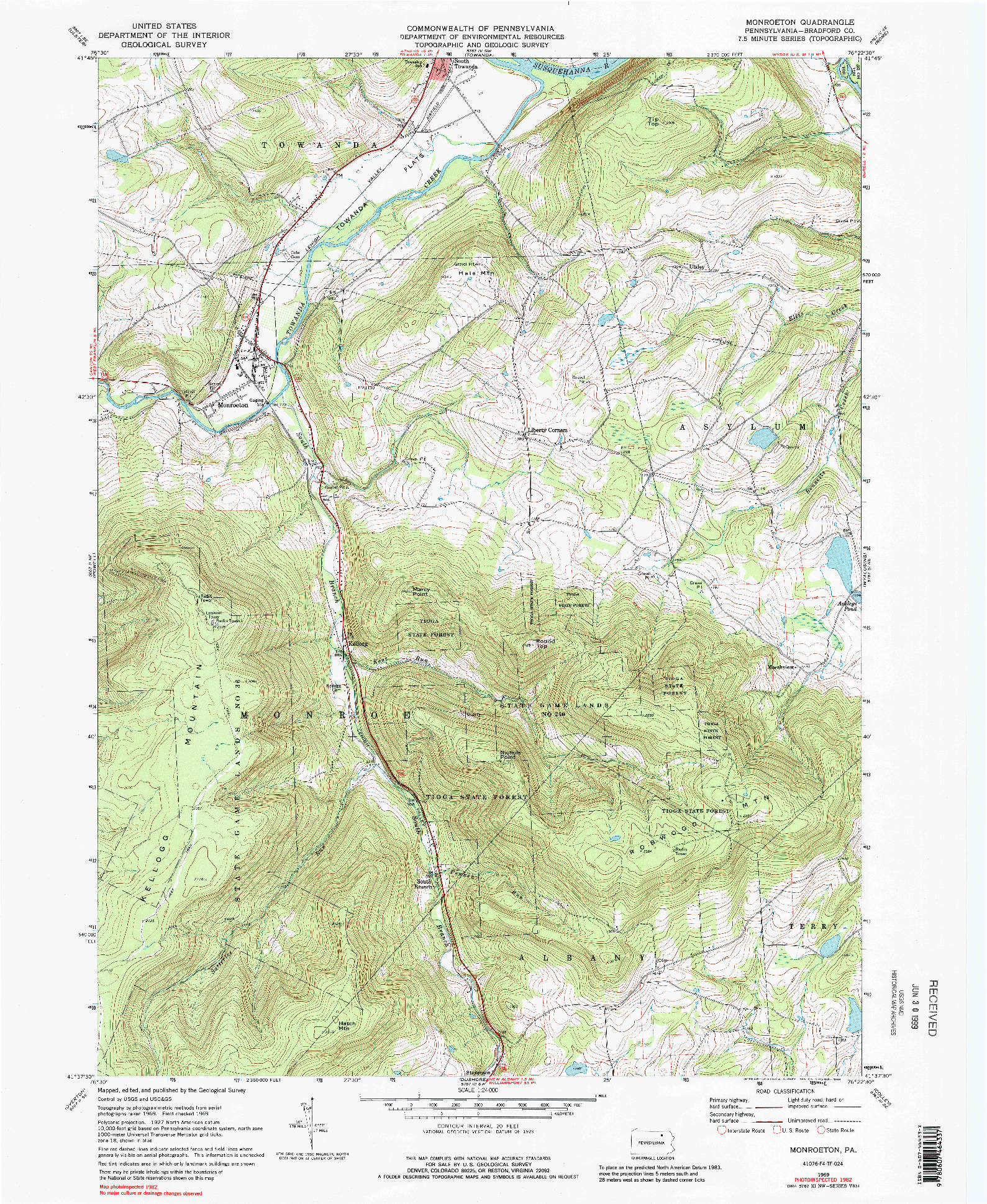 USGS 1:24000-SCALE QUADRANGLE FOR MONROETON, PA 1969