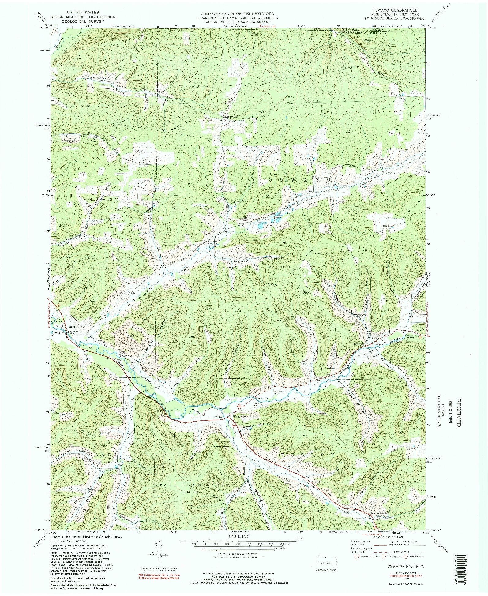 USGS 1:24000-SCALE QUADRANGLE FOR OSWAYO, PA 1969