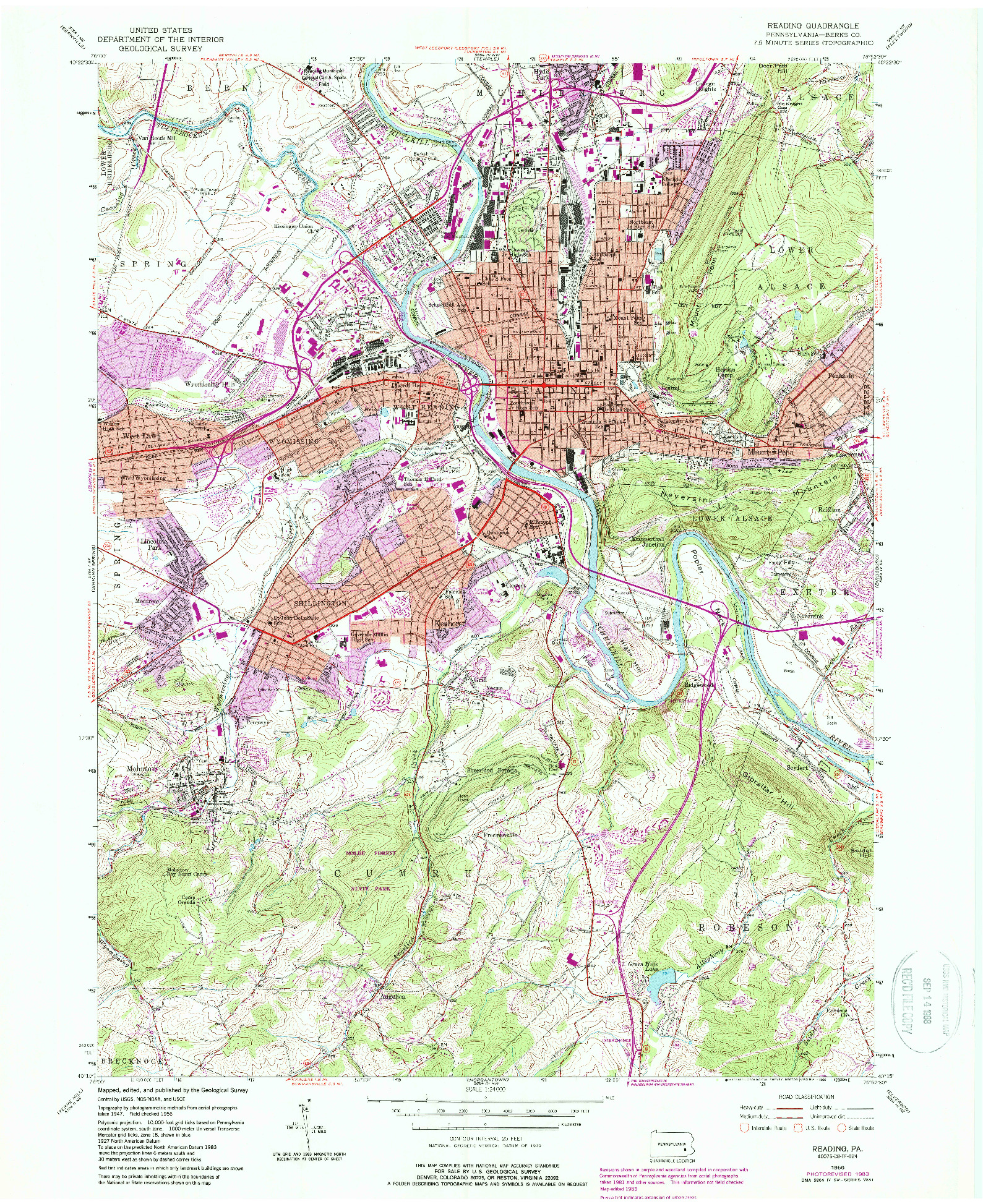 USGS 1:24000-SCALE QUADRANGLE FOR READING, PA 1956