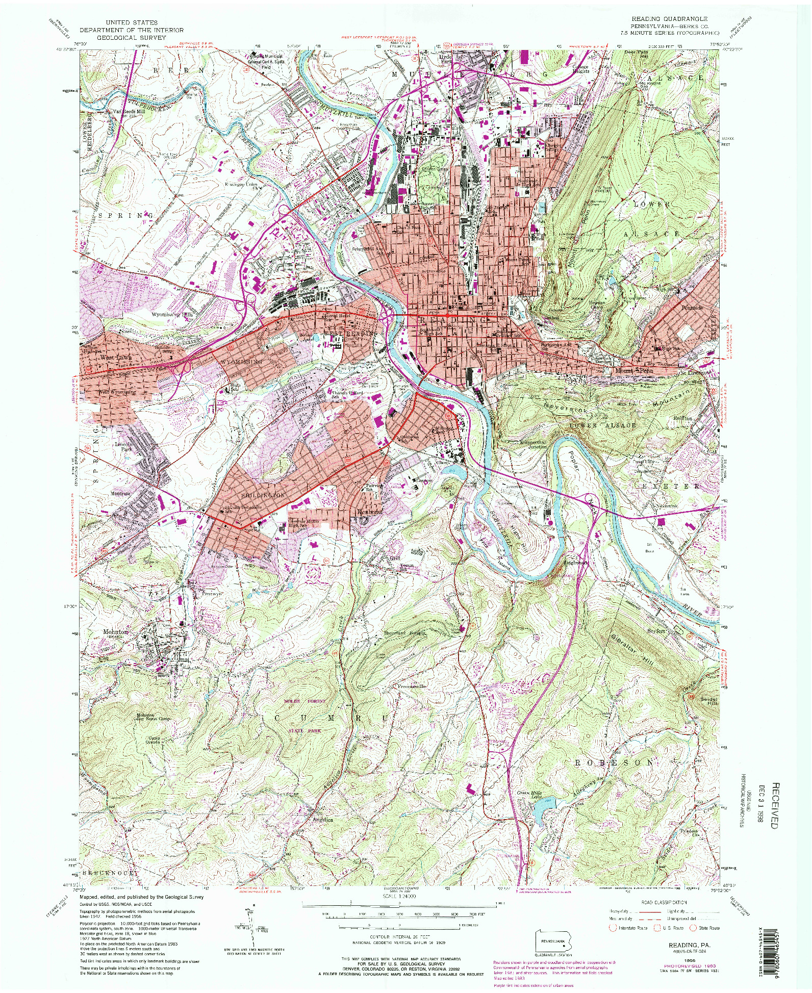 USGS 1:24000-SCALE QUADRANGLE FOR READING, PA 1956