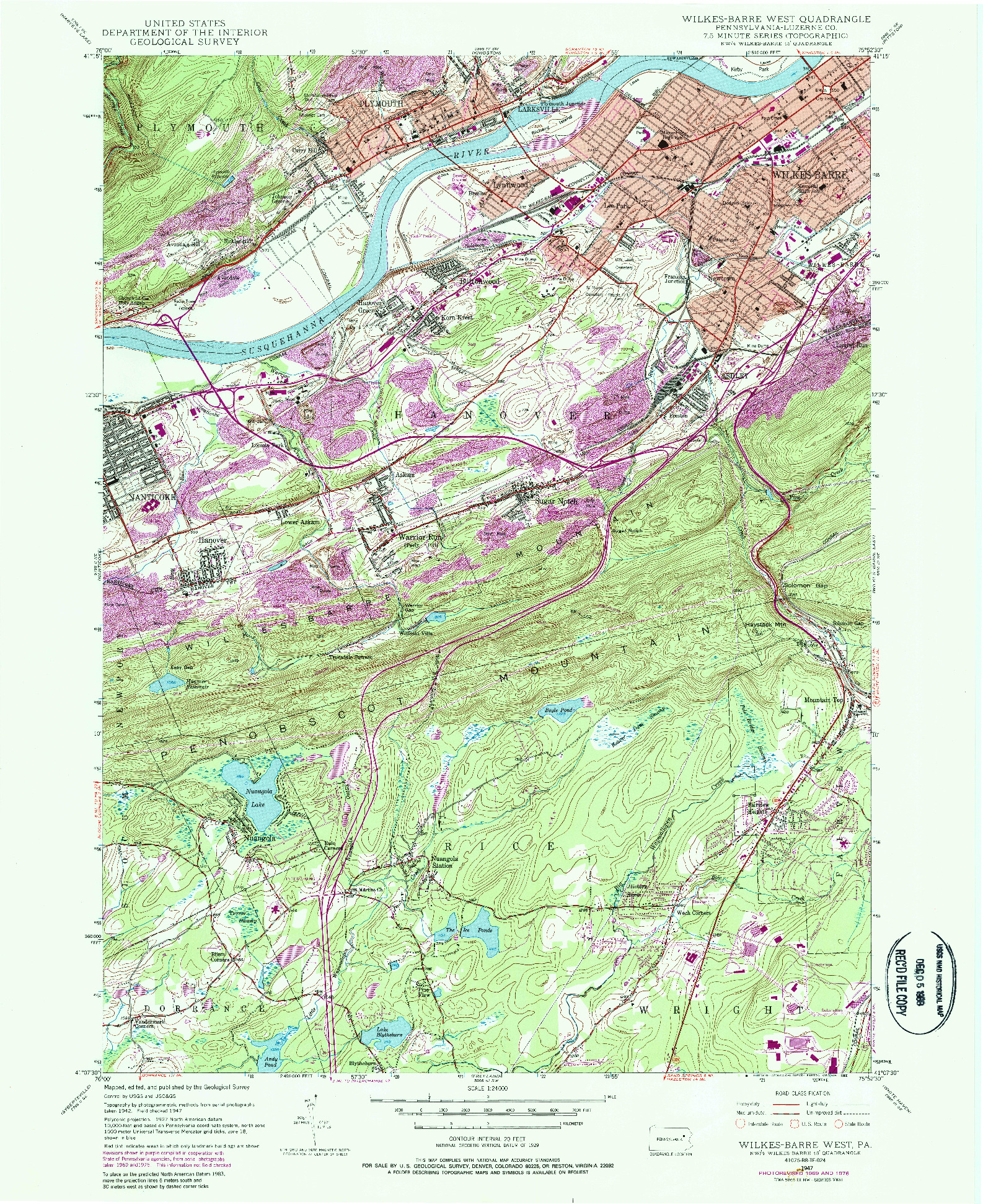 USGS 1:24000-SCALE QUADRANGLE FOR WILKES-BARRE WEST, PA 1947