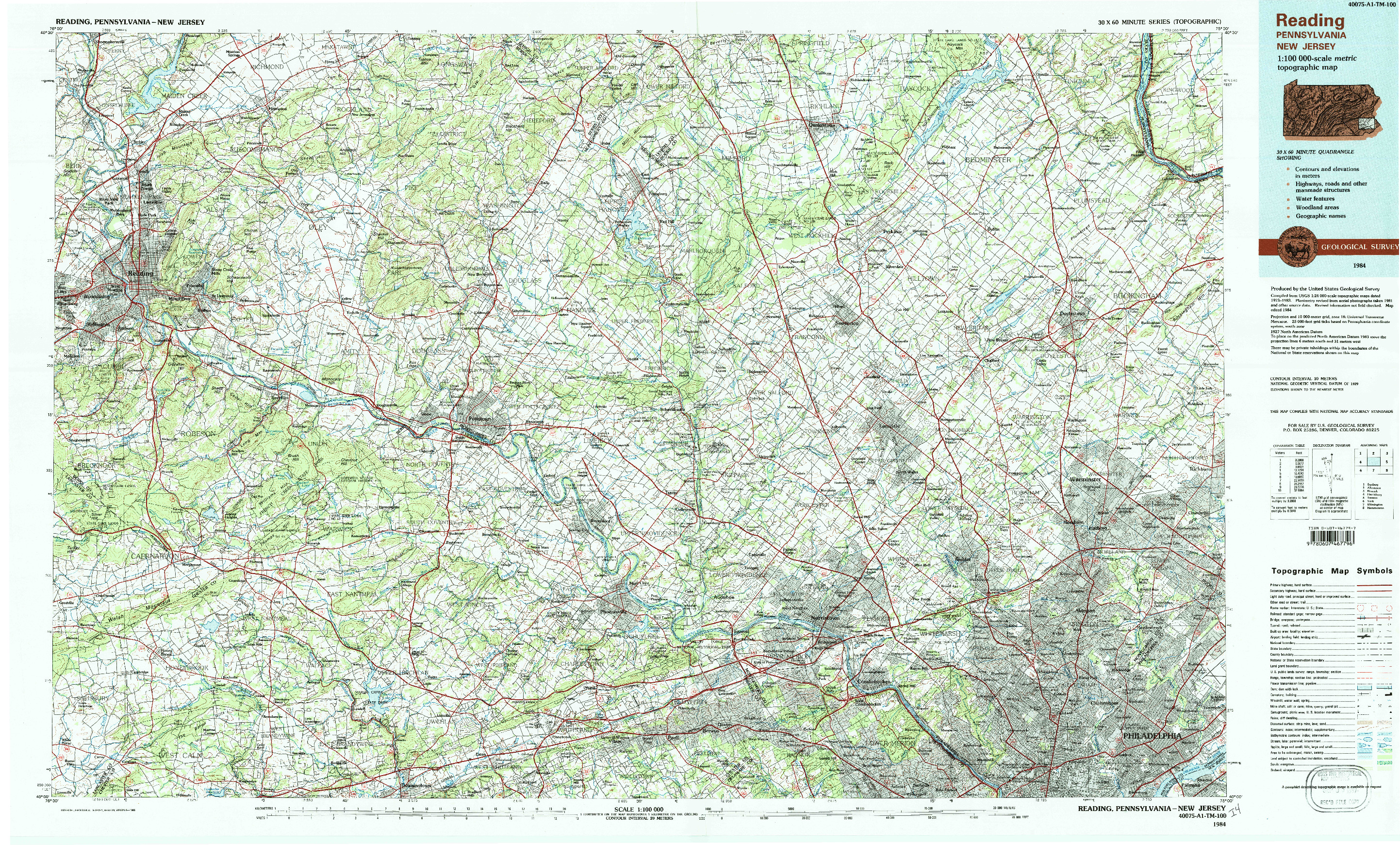 USGS 1:100000-SCALE QUADRANGLE FOR READING, PA 1984