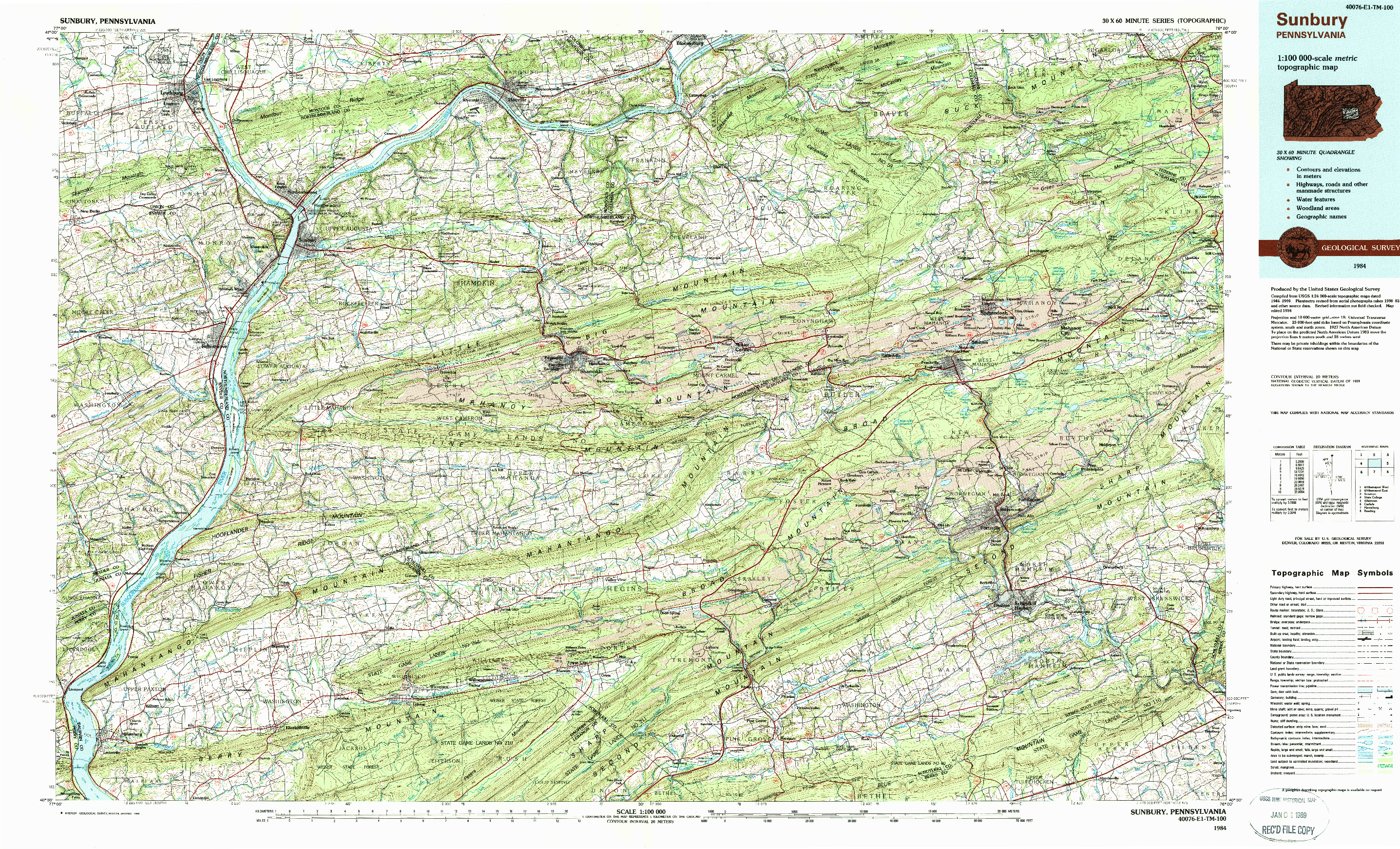 USGS 1:100000-SCALE QUADRANGLE FOR SUNBURY, PA 1984