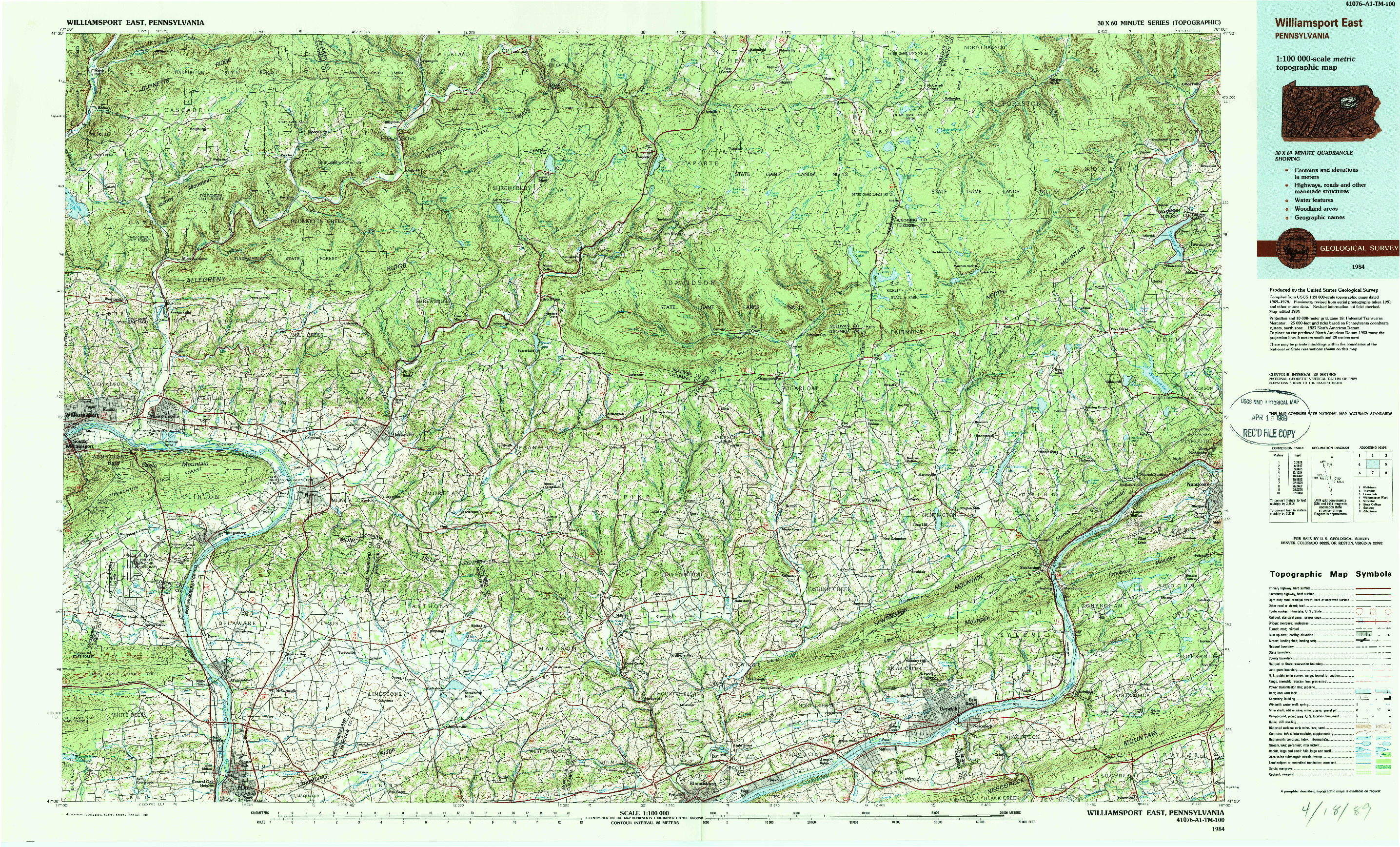 USGS 1:100000-SCALE QUADRANGLE FOR WILLIAMSPORT EAST, PA 1984