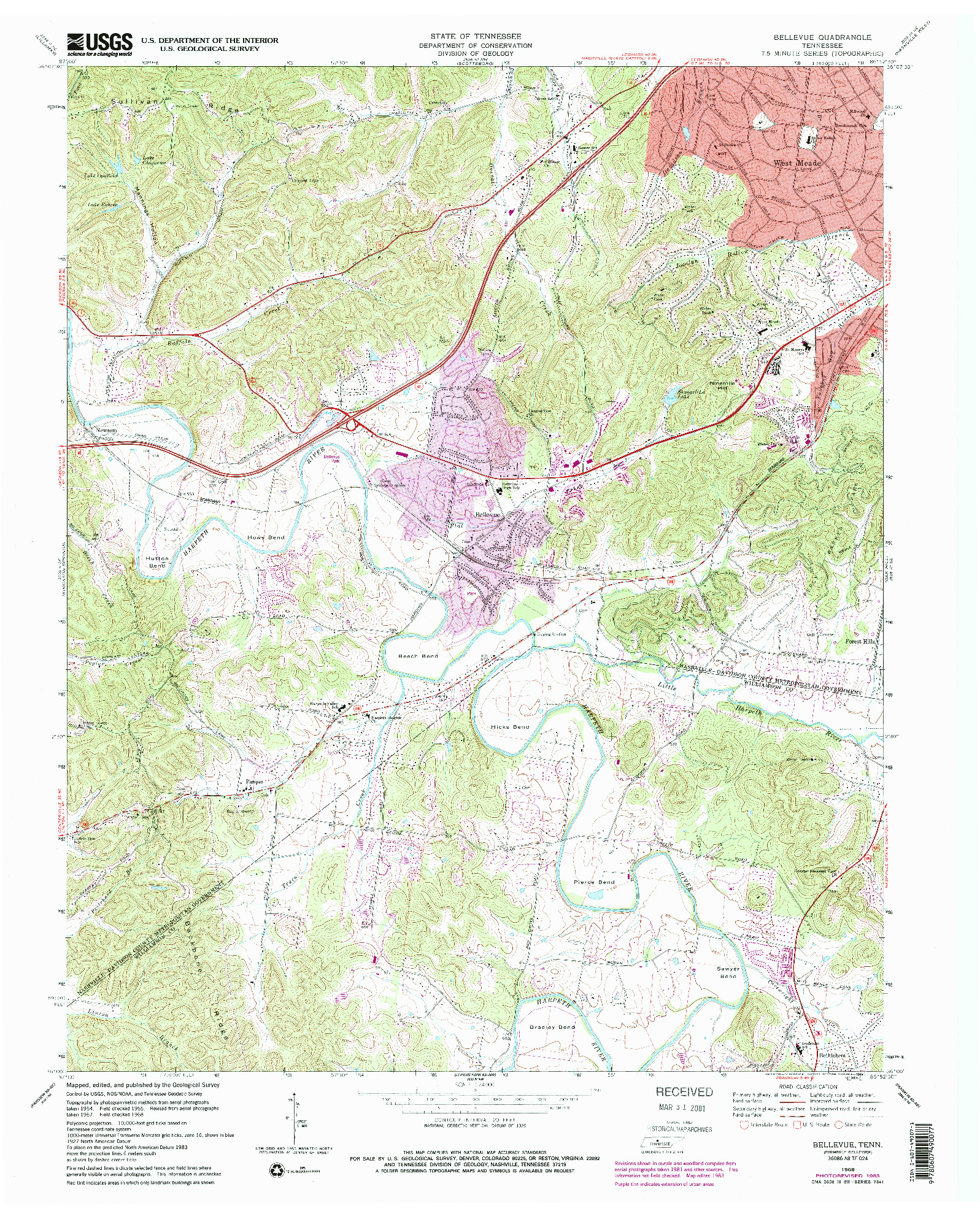 USGS 1:24000-SCALE QUADRANGLE FOR BELLEVUE, TN 1968