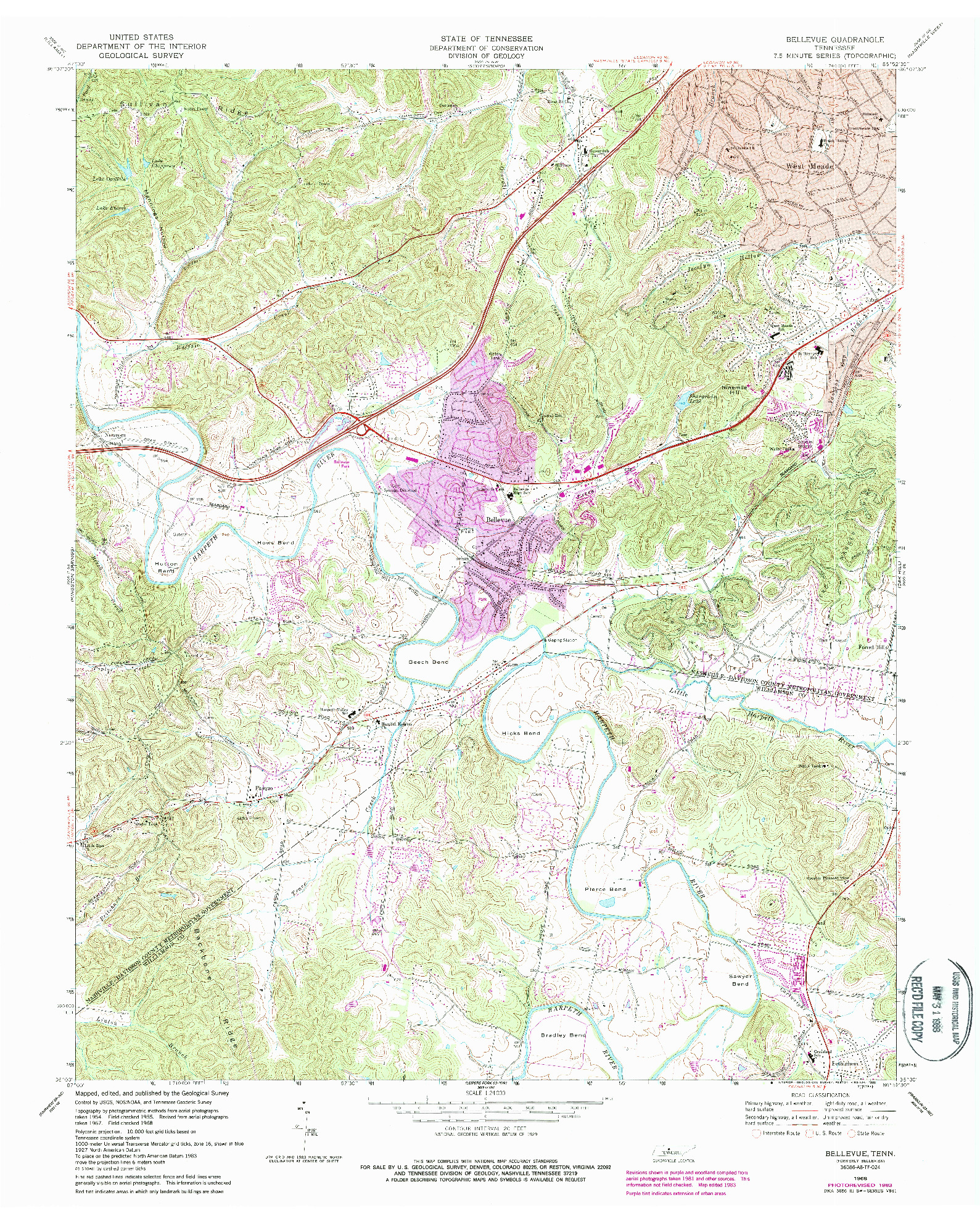 USGS 1:24000-SCALE QUADRANGLE FOR BELLEVUE, TN 1968