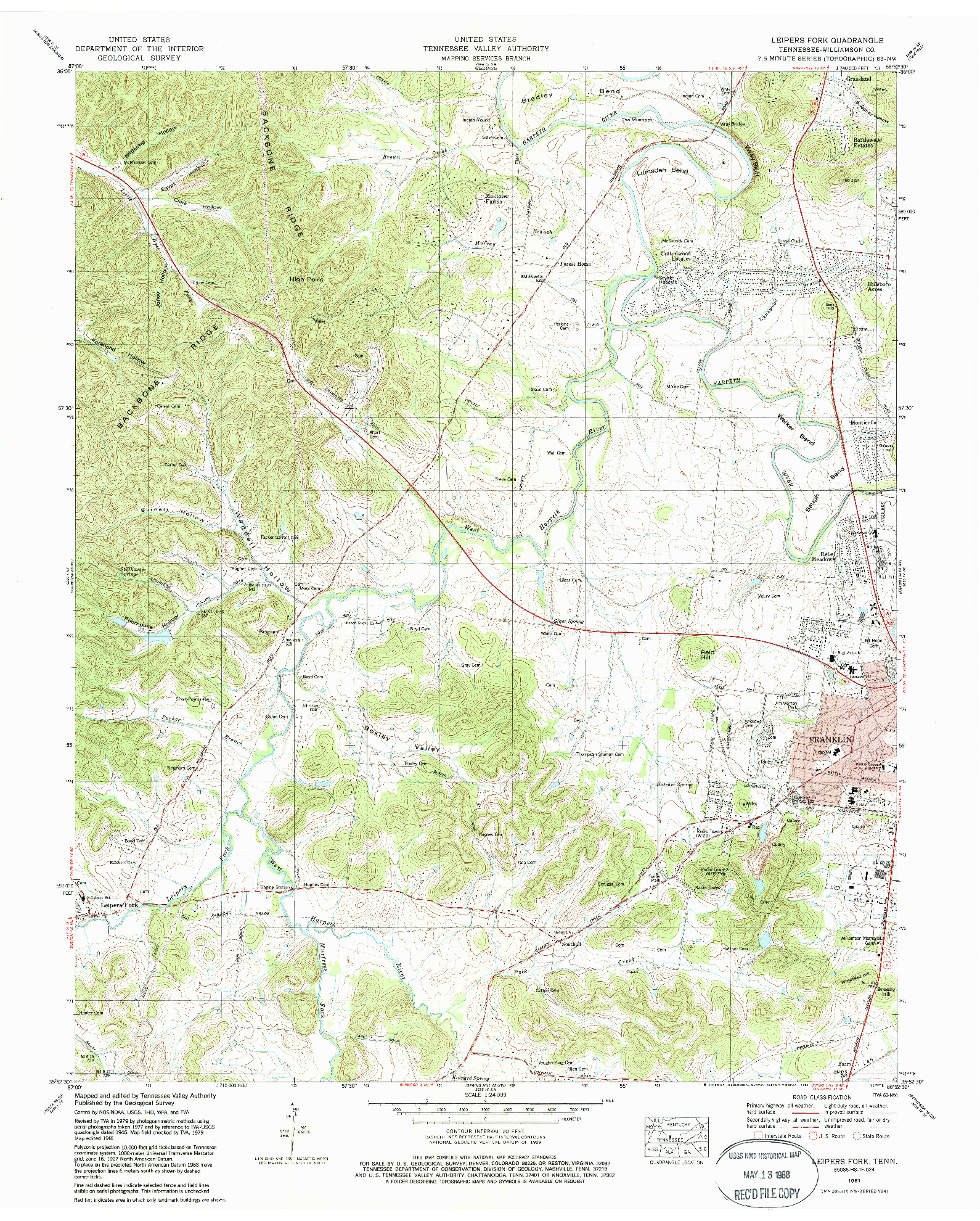 USGS 1:24000-SCALE QUADRANGLE FOR LEIPERS FORK, TN 1981