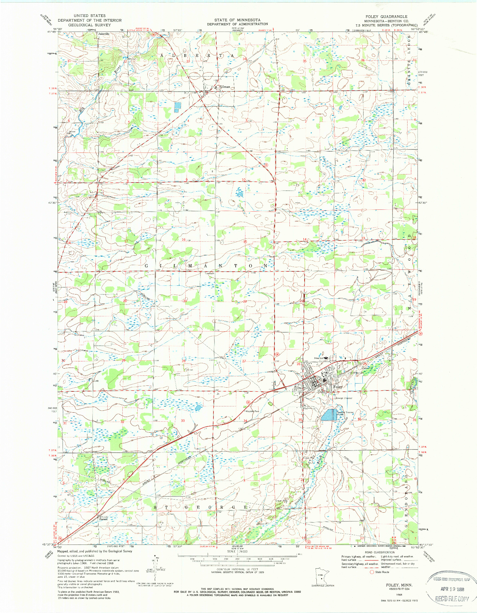 USGS 1:24000-SCALE QUADRANGLE FOR FOLEY, MN 1968