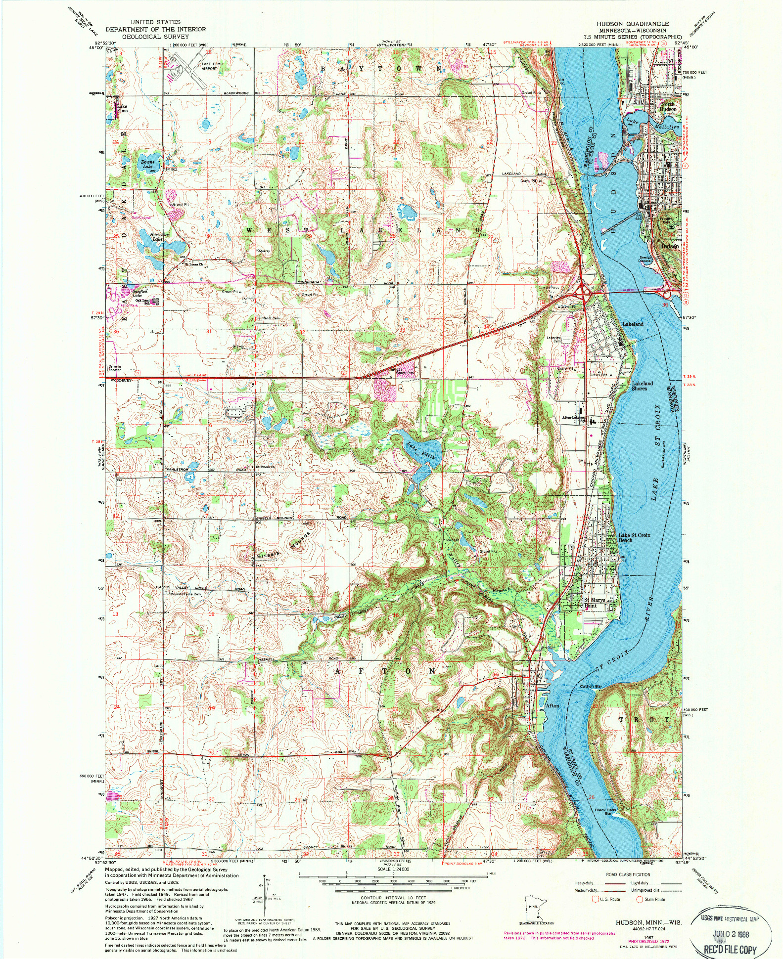 USGS 1:24000-SCALE QUADRANGLE FOR HUDSON, MN 1967