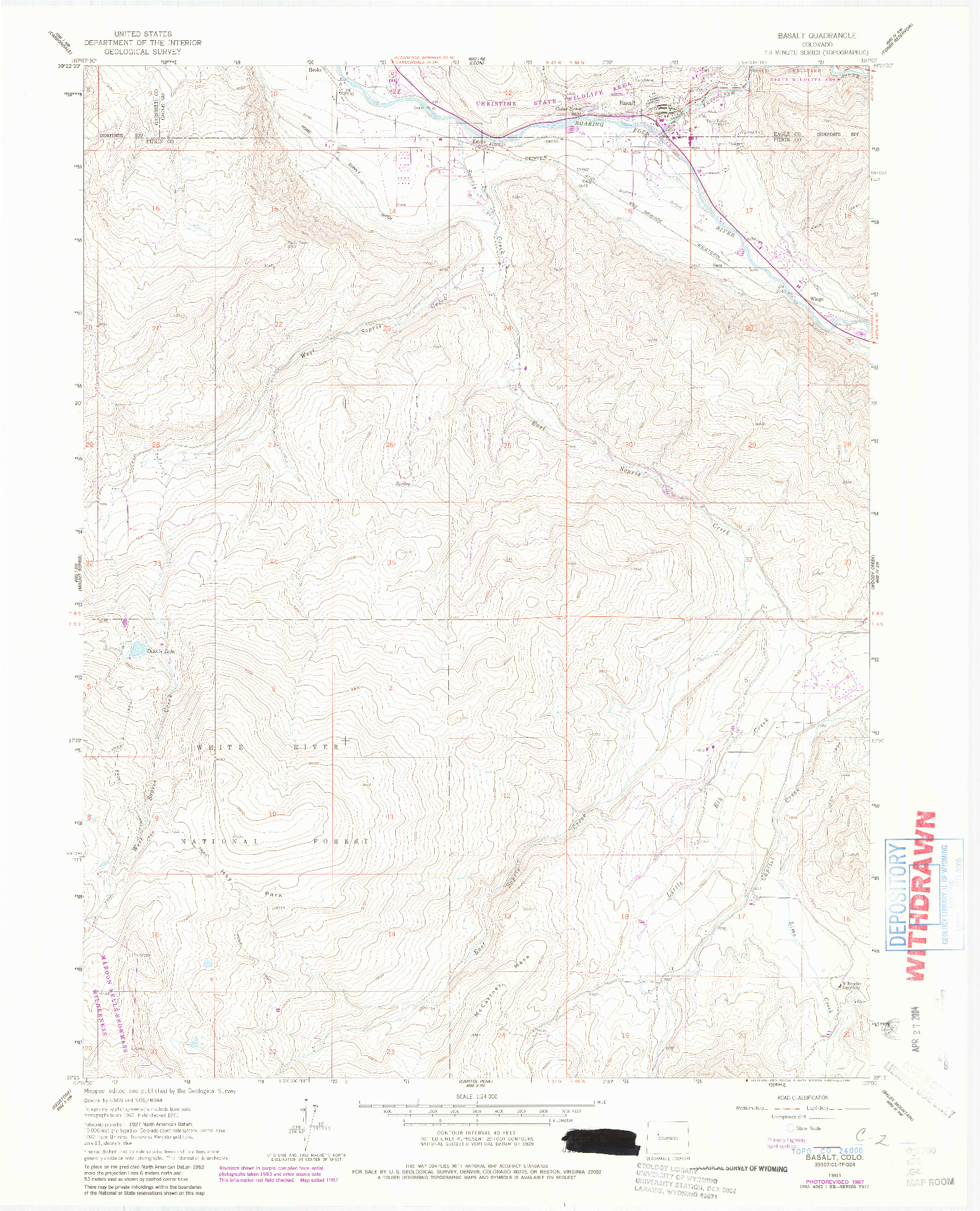 USGS 1:24000-SCALE QUADRANGLE FOR BASALT, CO 1961