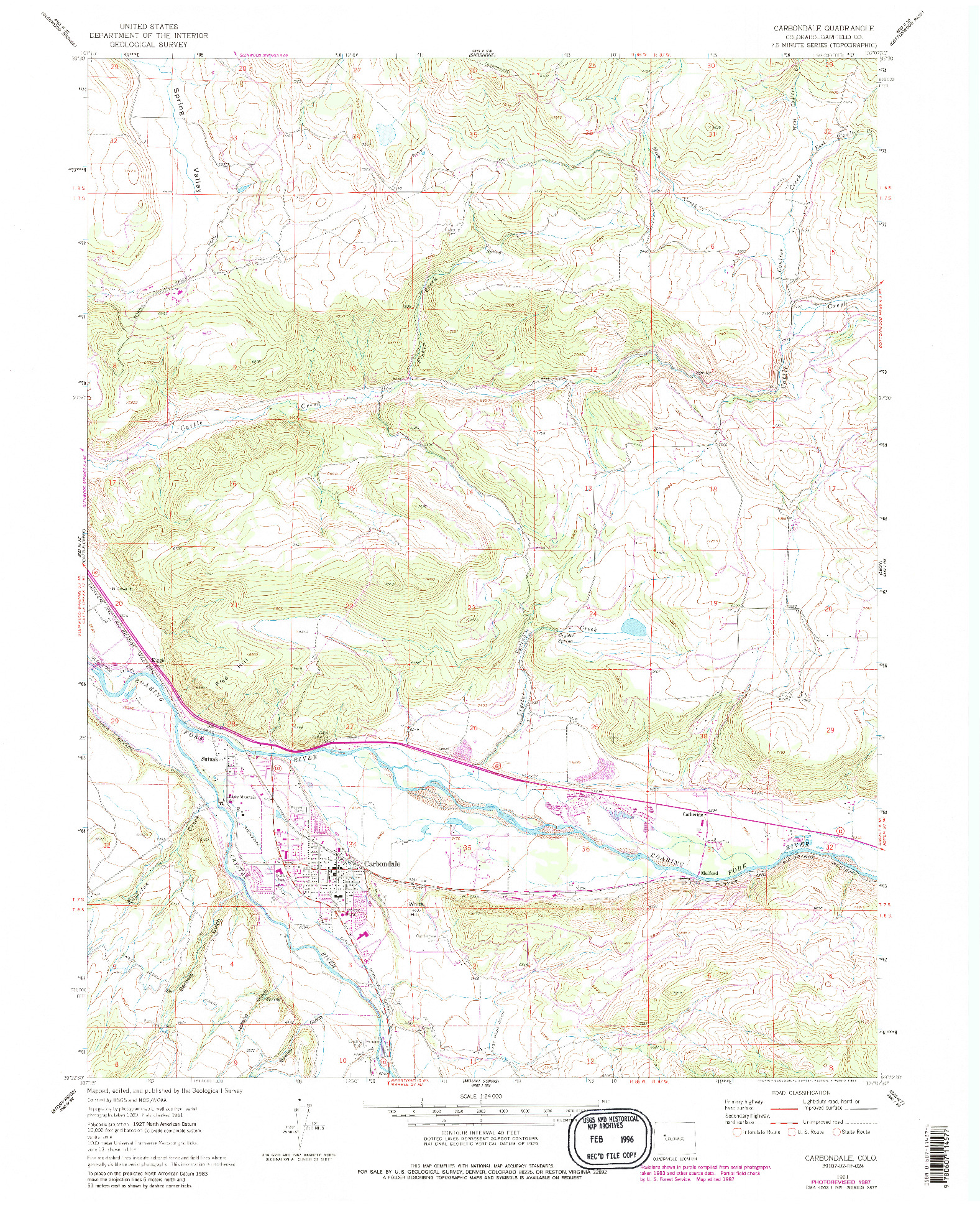 USGS 1:24000-SCALE QUADRANGLE FOR CARBONDALE, CO 1961