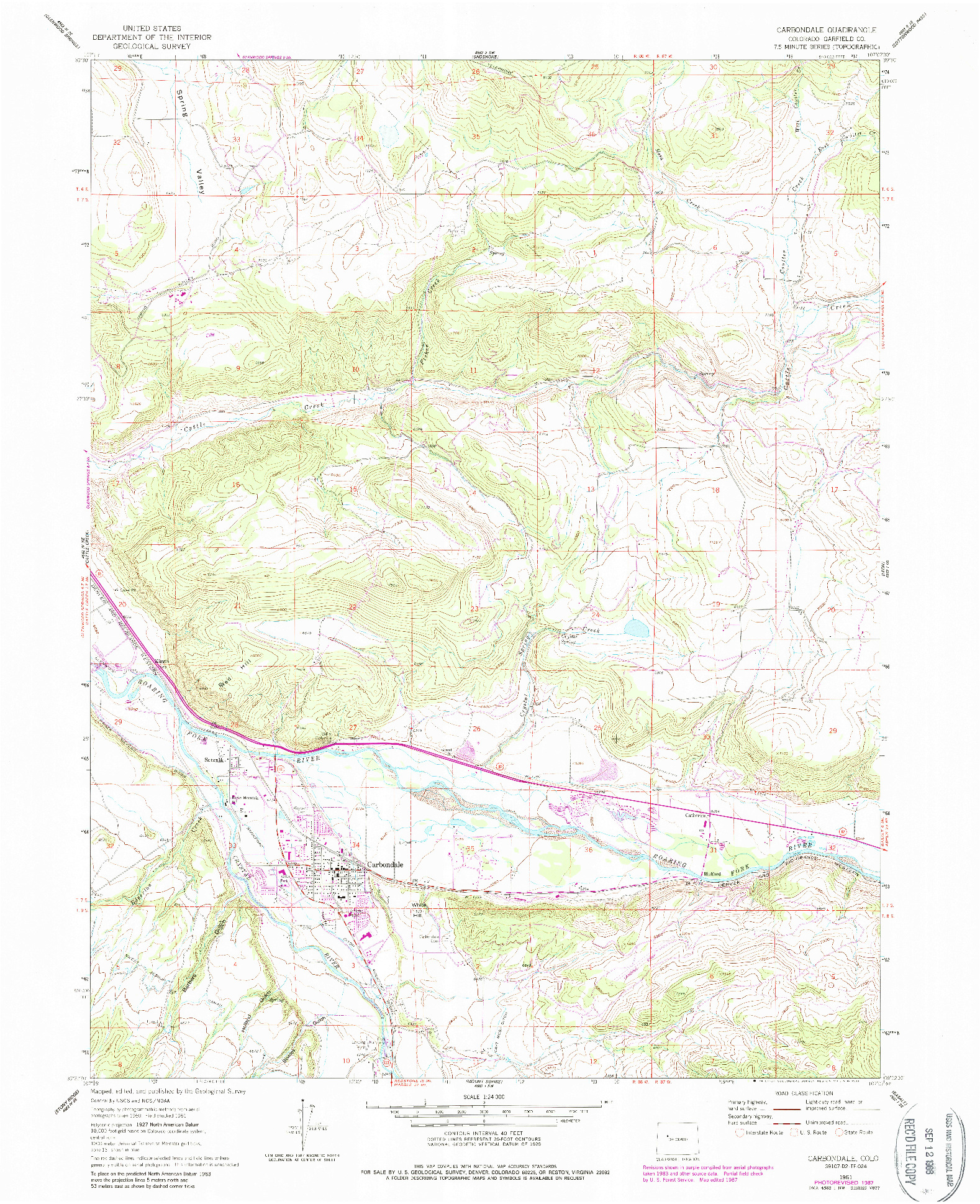 USGS 1:24000-SCALE QUADRANGLE FOR CARBONDALE, CO 1961