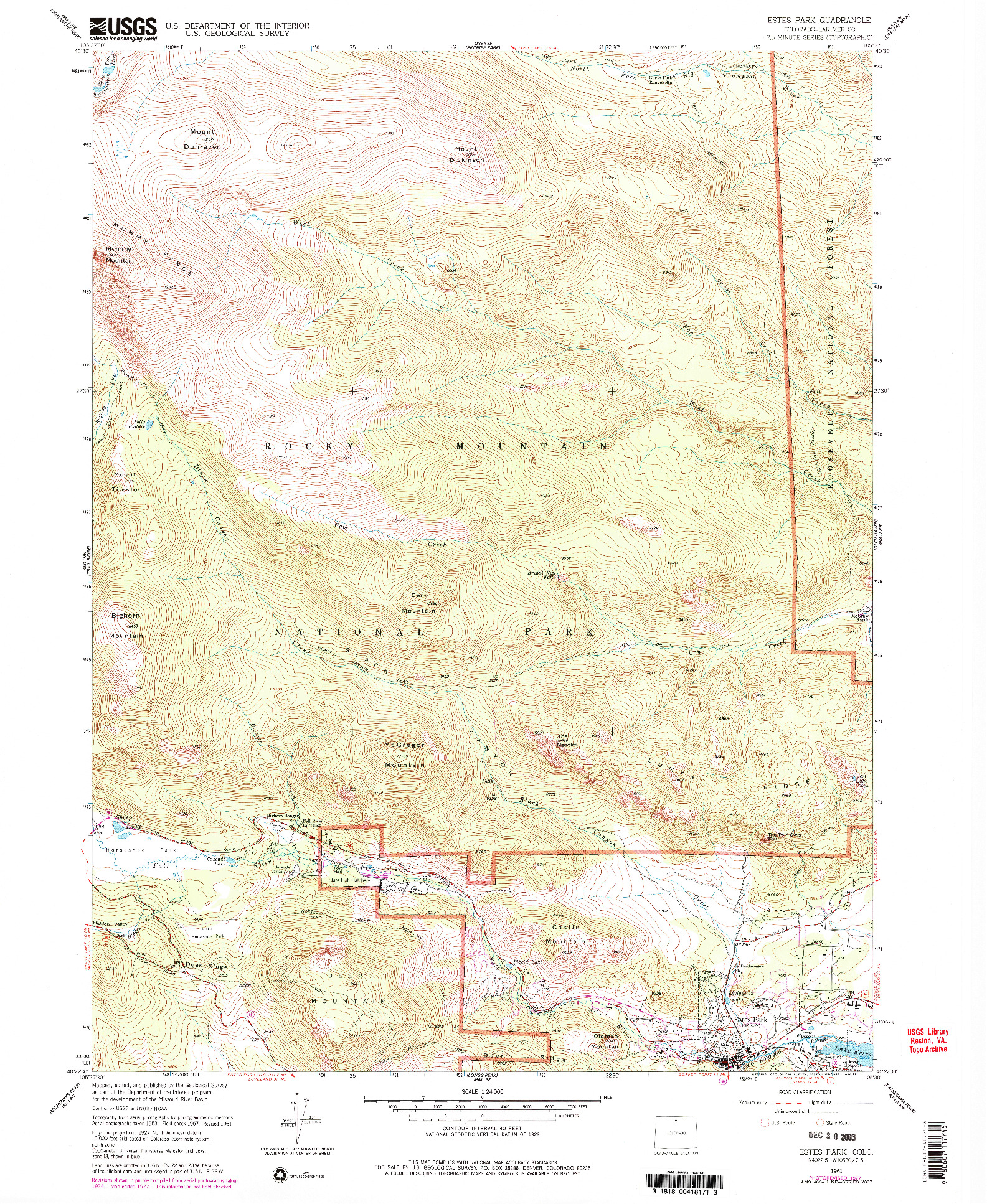 USGS 1:24000-SCALE QUADRANGLE FOR ESTES PARK, CO 1961