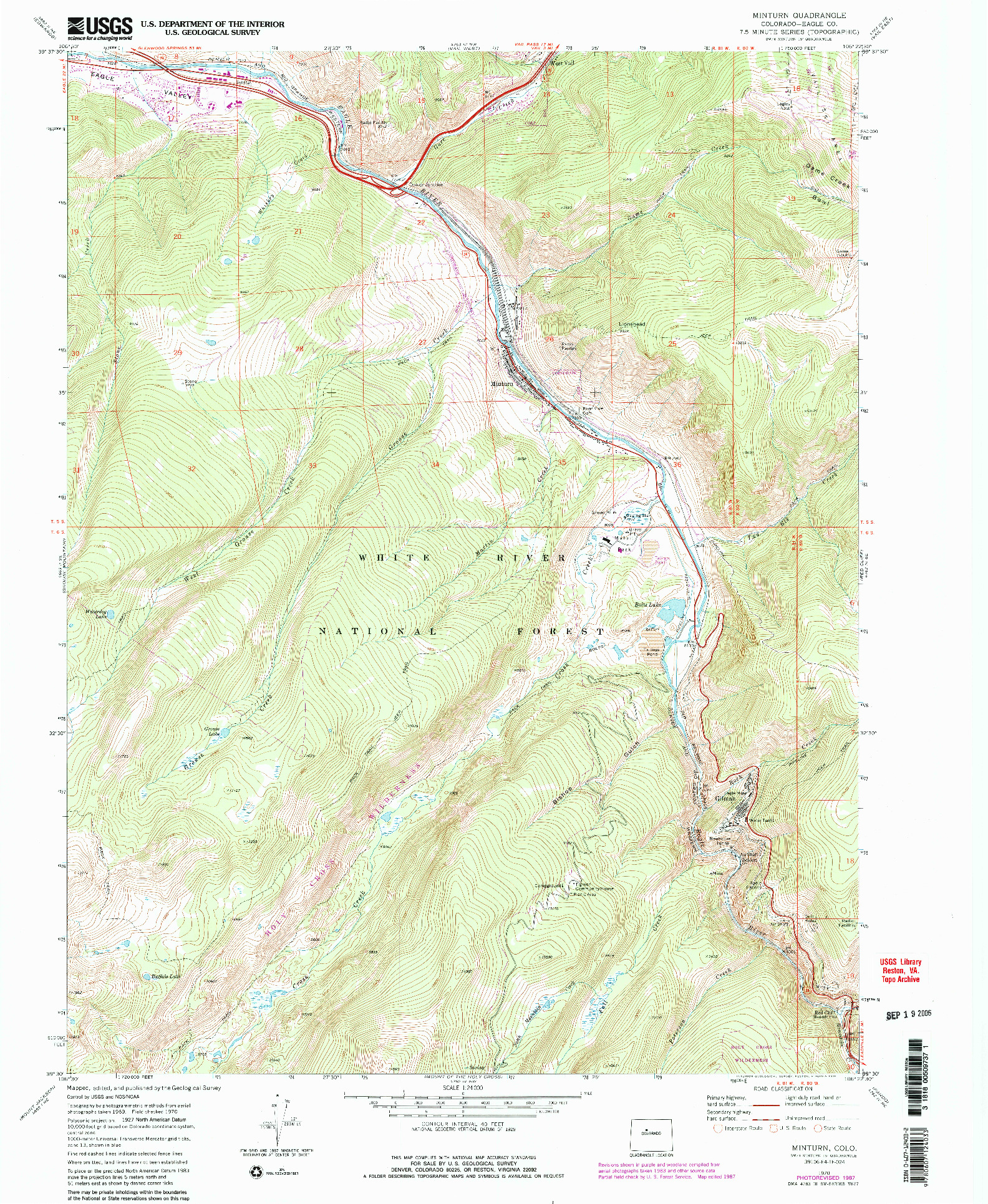 USGS 1:24000-SCALE QUADRANGLE FOR MINTURN, CO 1970