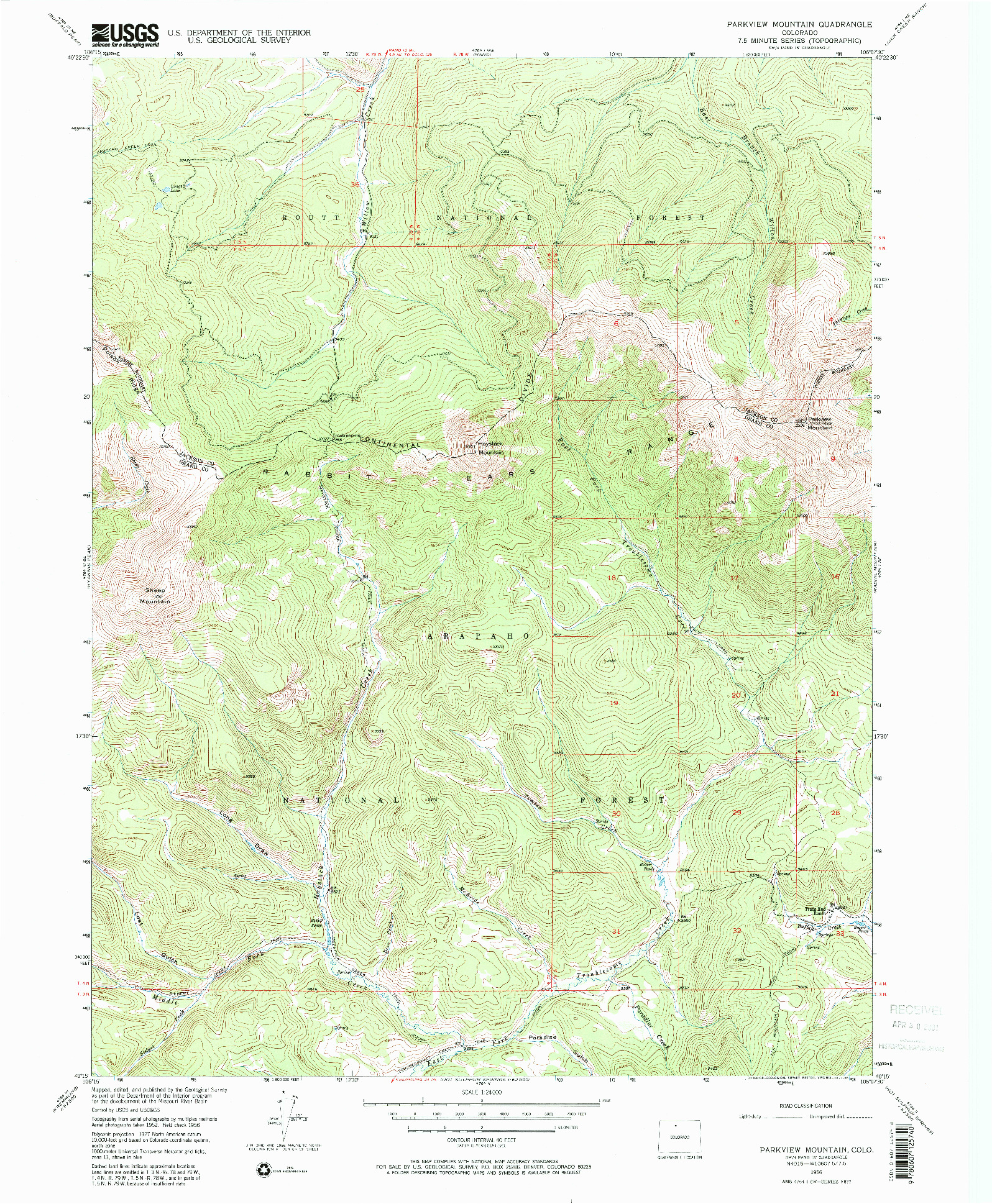 USGS 1:24000-SCALE QUADRANGLE FOR PARKVIEW MOUNTAIN, CO 1956