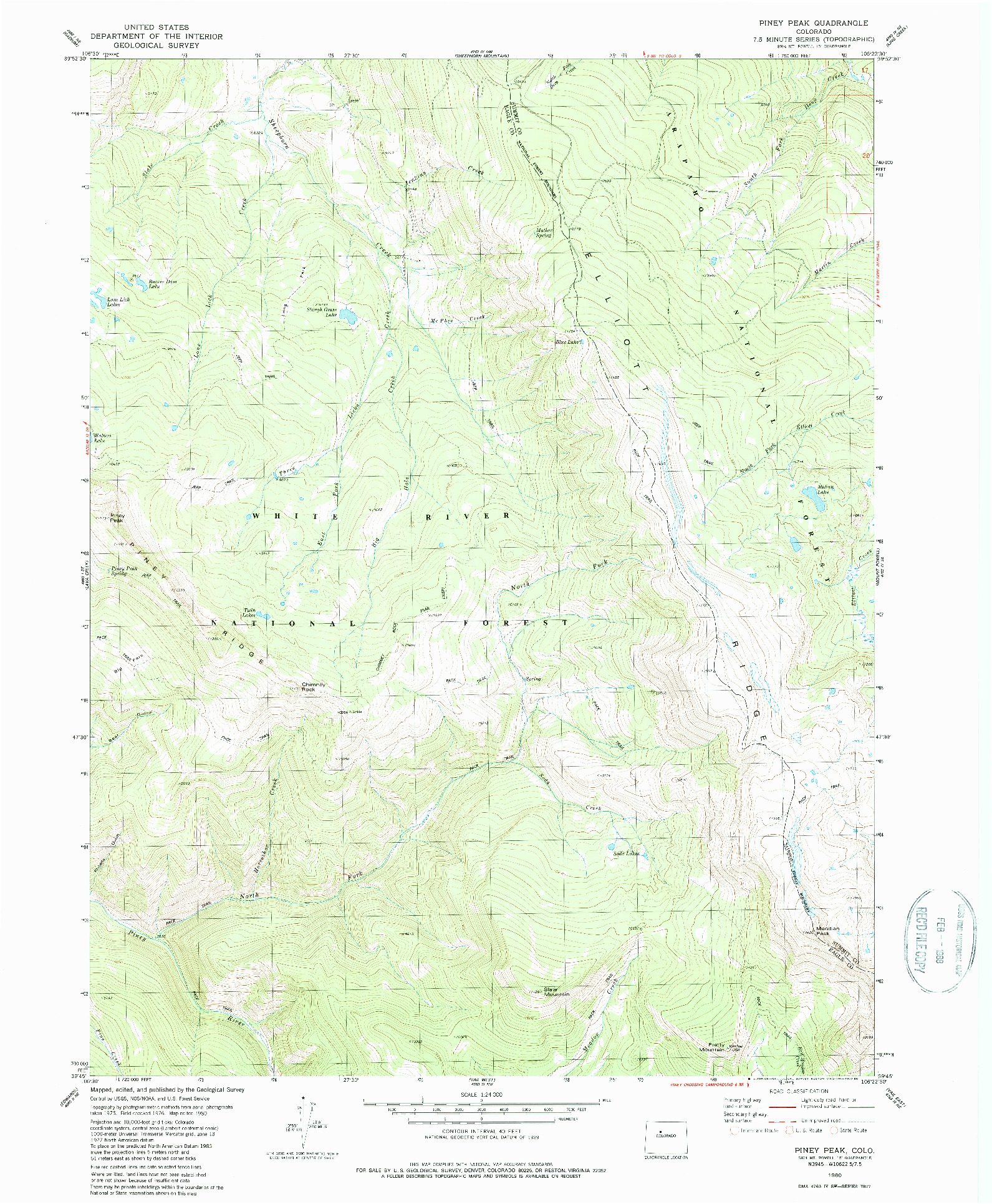 USGS 1:24000-SCALE QUADRANGLE FOR PINEY PEAK, CO 1980