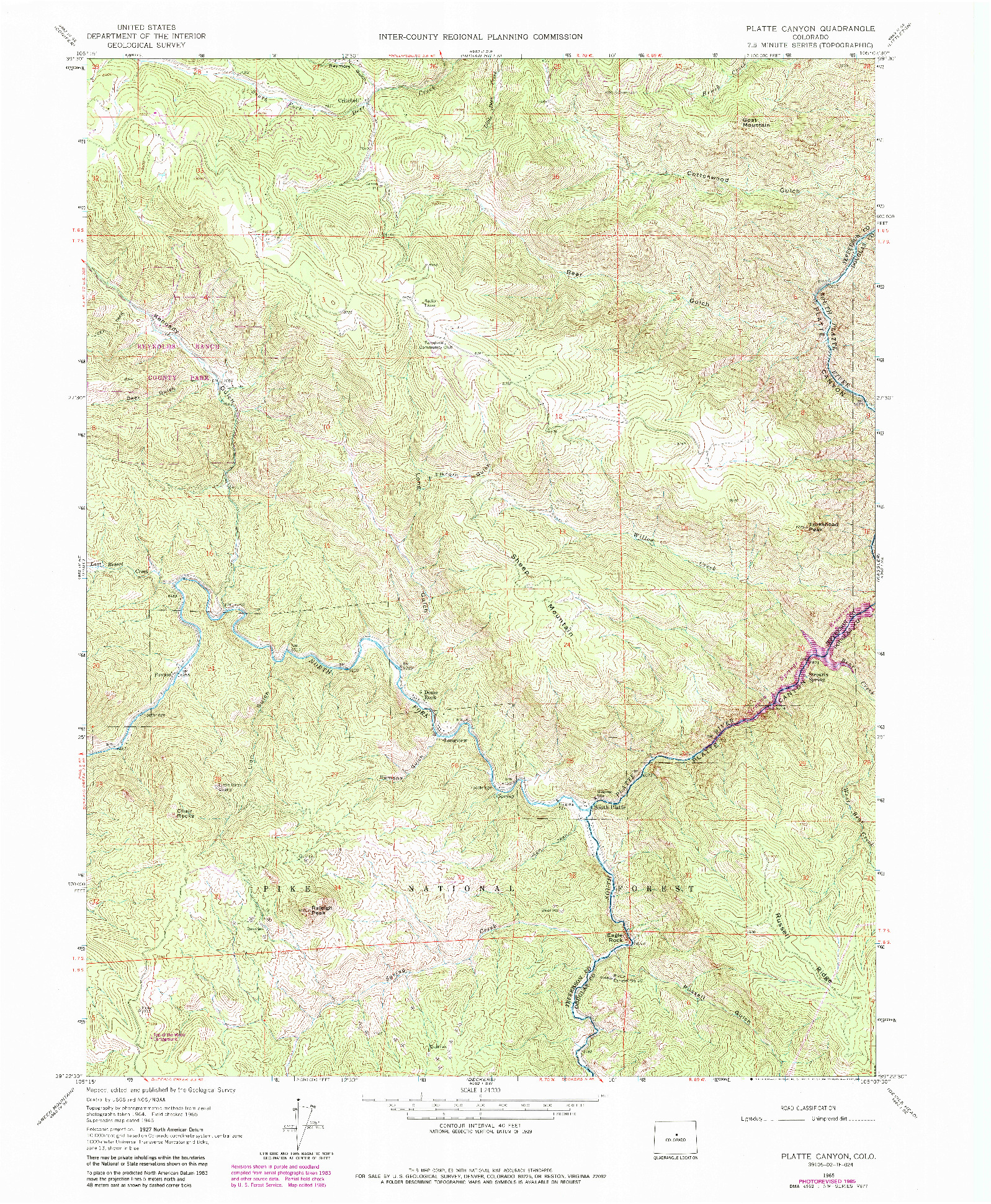 USGS 1:24000-SCALE QUADRANGLE FOR PLATTE CANYON, CO 1965