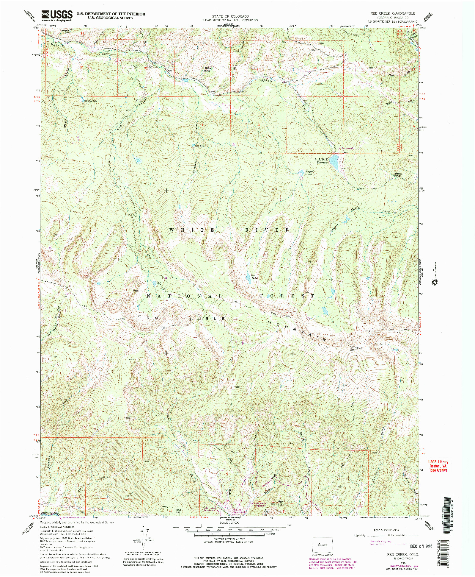 USGS 1:24000-SCALE QUADRANGLE FOR RED CREEK, CO 1961