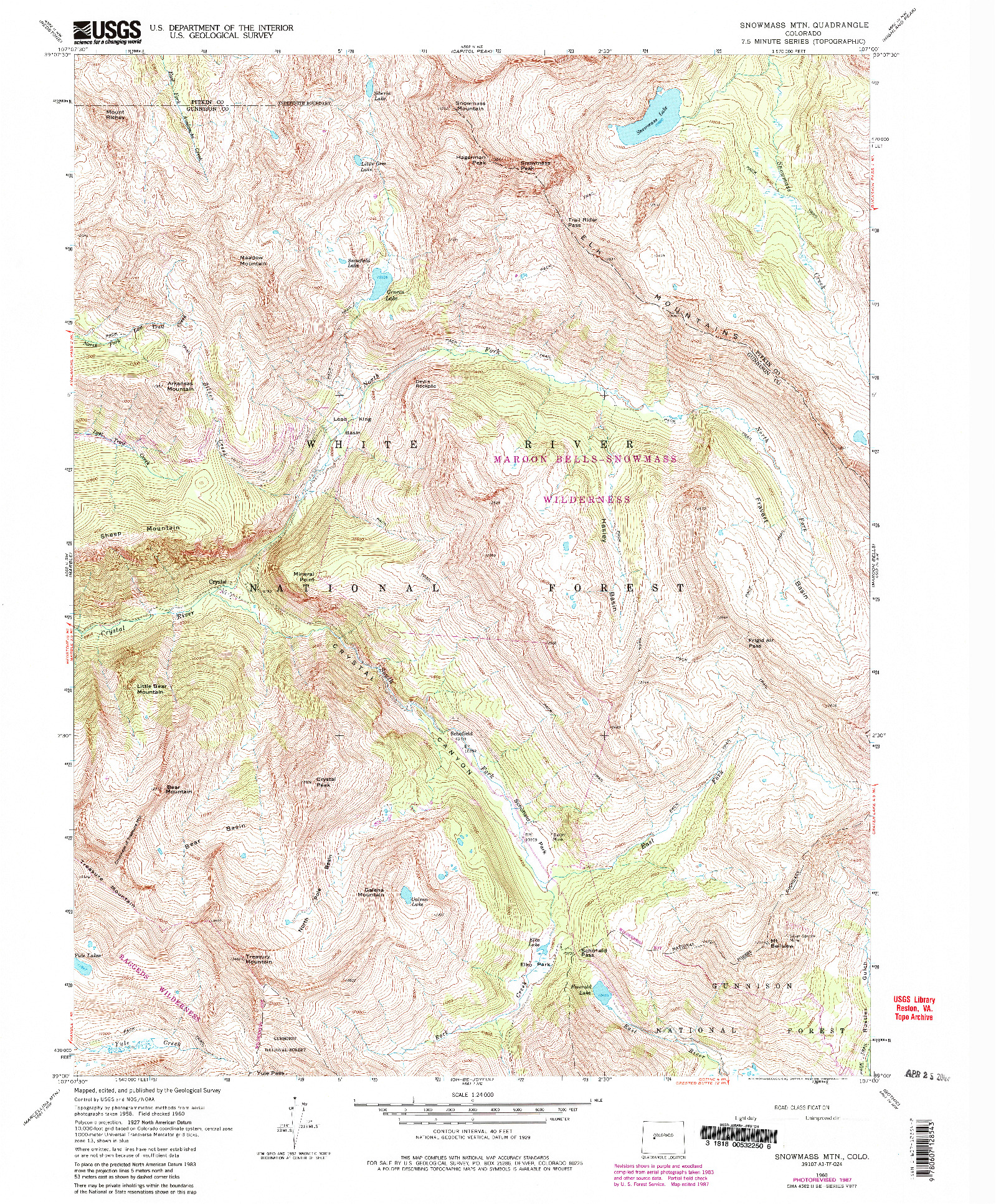 USGS 1:24000-SCALE QUADRANGLE FOR SNOWMASS MTN, CO 1960