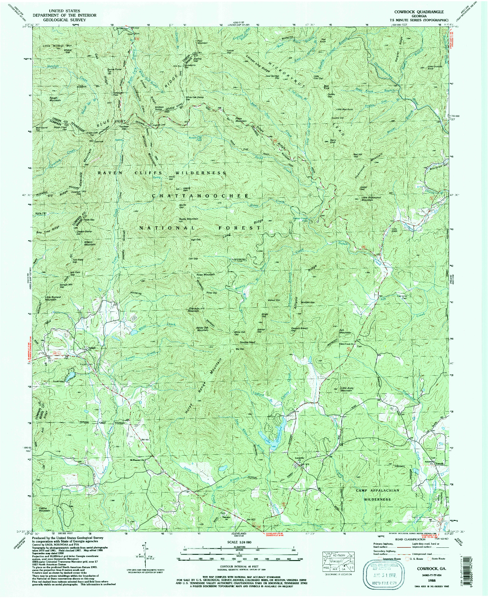 USGS 1:24000-SCALE QUADRANGLE FOR COWROCK, GA 1988