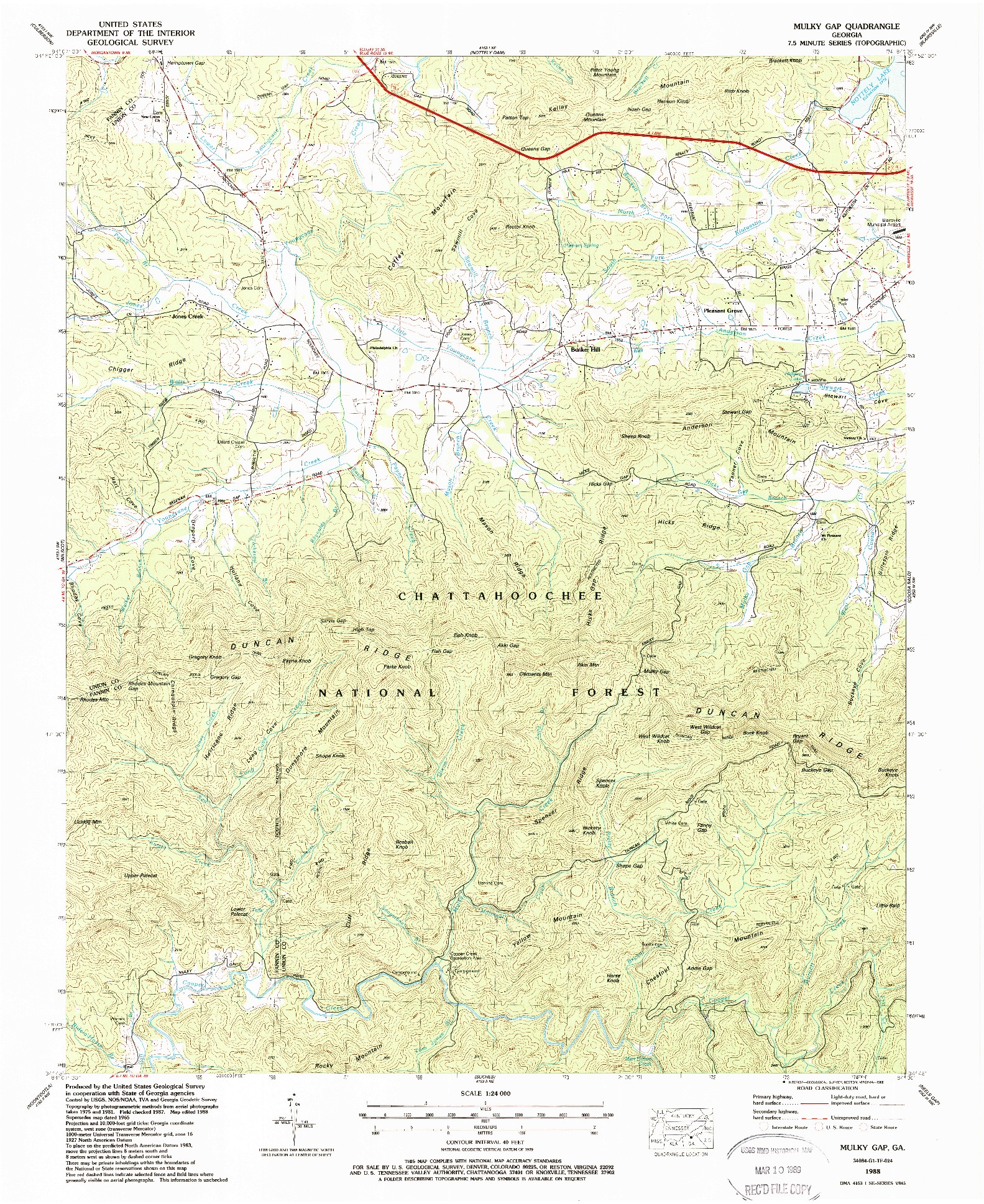 USGS 1:24000-SCALE QUADRANGLE FOR MULKY GAP, GA 1988