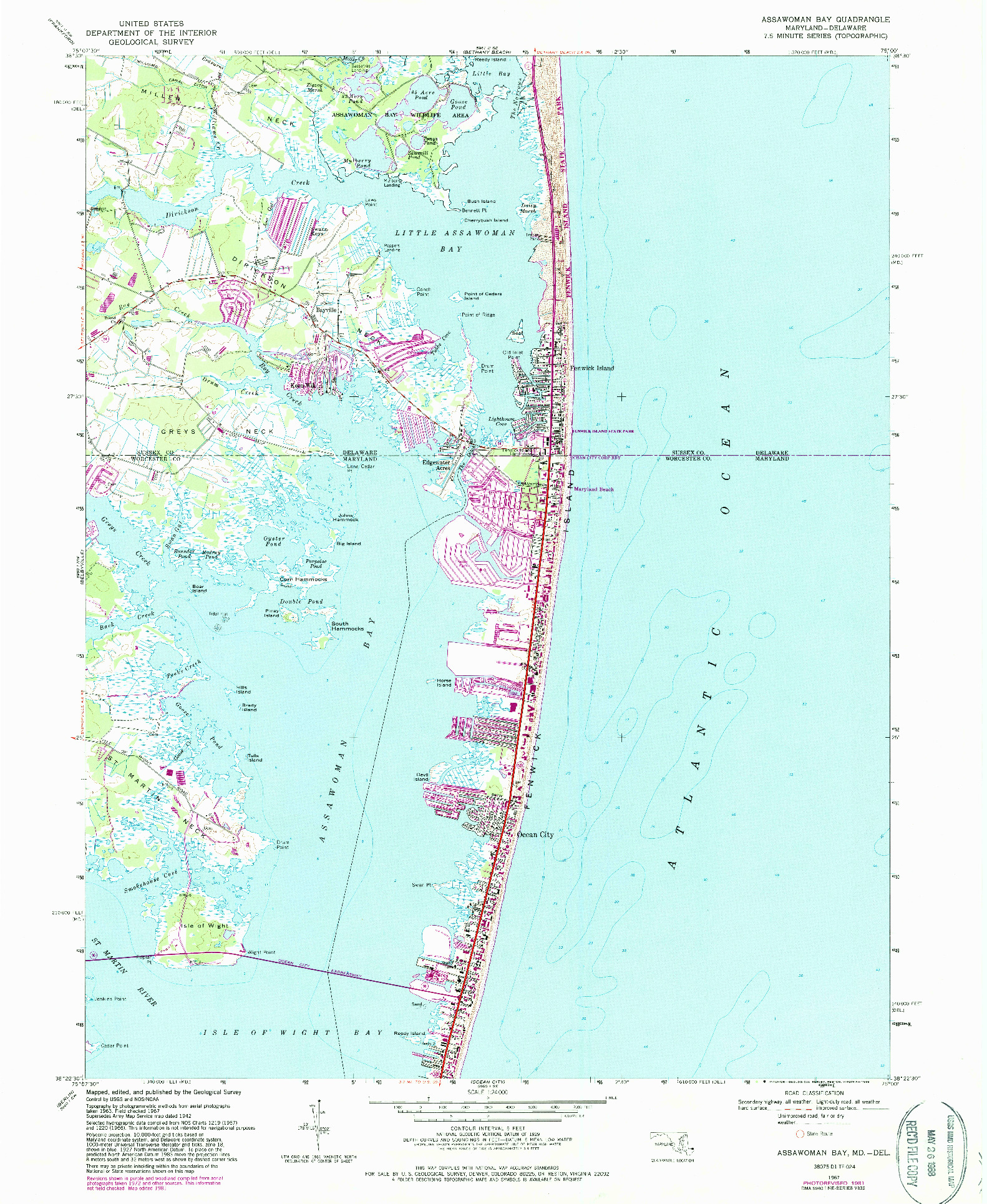 USGS 1:24000-SCALE QUADRANGLE FOR ASSAWOMAN BAY, MD 1967