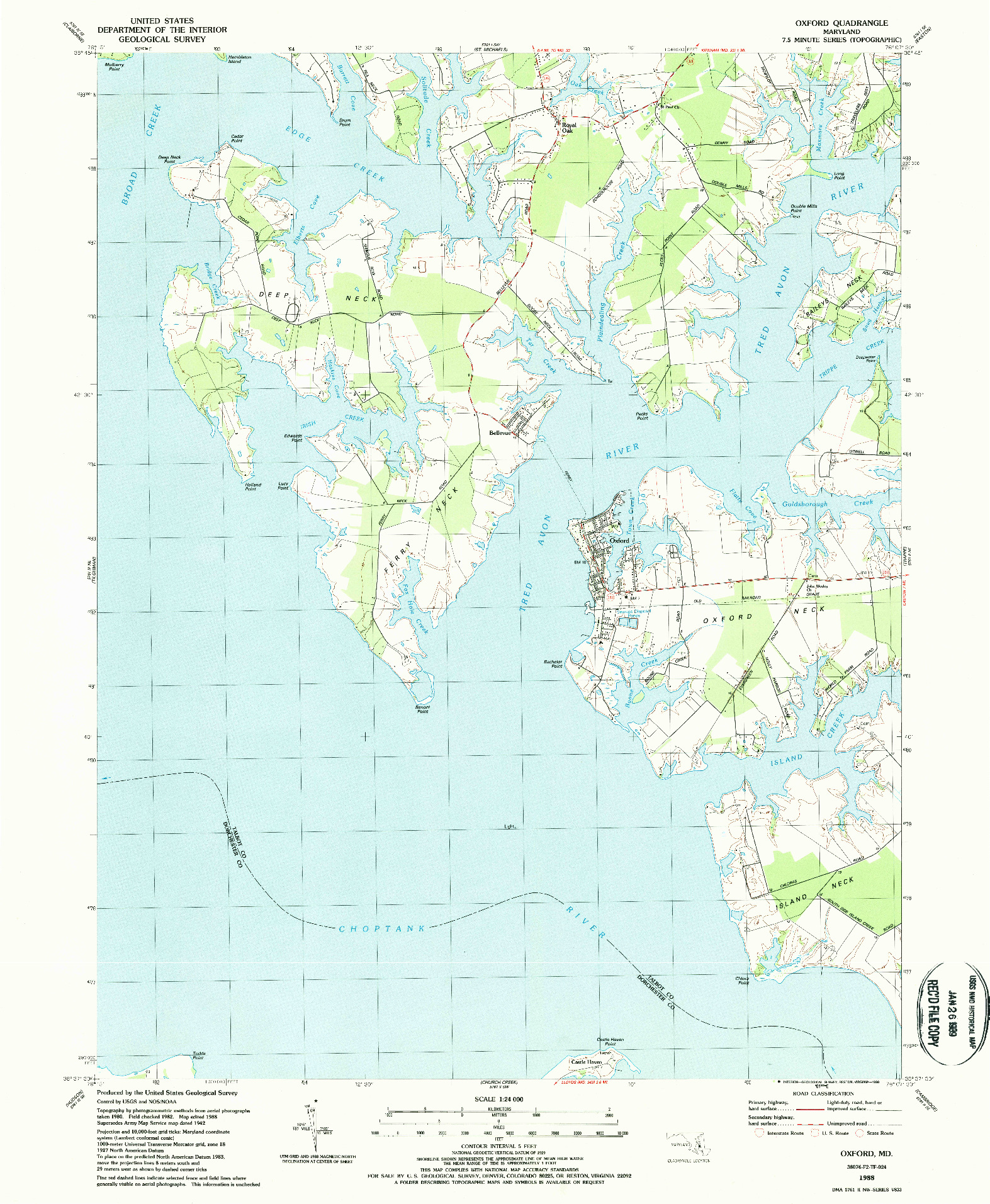 USGS 1:24000-SCALE QUADRANGLE FOR OXFORD, MD 1988