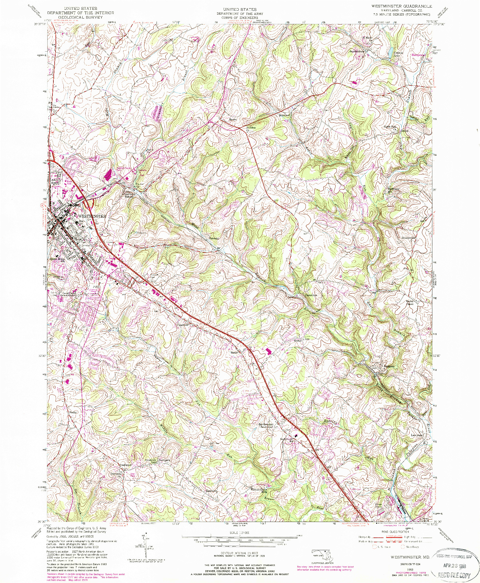 USGS 1:24000-SCALE QUADRANGLE FOR WESTMINSTER, MD 1953